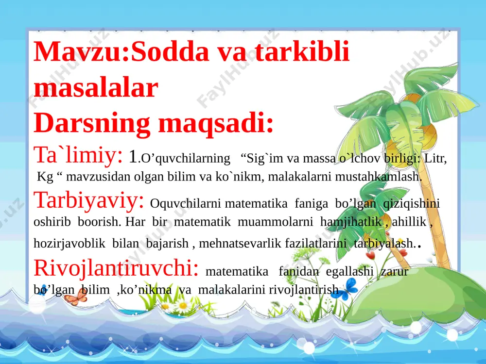 ruh “epchillar” iii guruh “chaqqonlar” 1 test 3 boshqotirma 2 davom ettir guruhlarga topshiriq bilmasvoyning xatolarini toping 6 litr 42+3=44 35+4=40 27+3=40 50+7=58 64-60=5 20+30=60 30+20=60 56-5=52 60-30=20 masalani yeching 17 kg ? 3 kg, ortiq ? kg kichik bidonda 6 litr sut bor,katta bidonda undan 4 litr ortiq sut bor, ikkinchi bidonda necha litr sut bor ? yangi mavzu bayoni 30 ta 14 ta ? dam olish daqiqasi zinama-zina 60 – 20= 57 - 7 = 72 -70= 40 + 20= 50 - 5= iqtidorli o’quvchi iqtidorli o’quvchi o’quvchilarni baholash darsni yakunlash kuchli hisobchi kuchli hisobchi baholash vazifa 5- mashq e’tiboringiz uchun tashakkur image3.png image4.png image5.jpeg image6.jpeg image7.gif image8.gif image9.png image10.gif image11.jpeg image12.jpeg image13.jpeg image14.jpeg image15.gif image16.jpeg image17.png image18.jpeg image19.gif image20.gif image21.jpeg image22.jpeg image23.jpeg image24.jpeg image25.png image26.jpeg image27.jpeg image28.gif media1.flv image29.png image30.png image31.png image32.png image33.jpeg image34.png image35.jpeg image36.png image37.gif image38.gif image39.jpeg image40.gif image1.jpeg image2.png