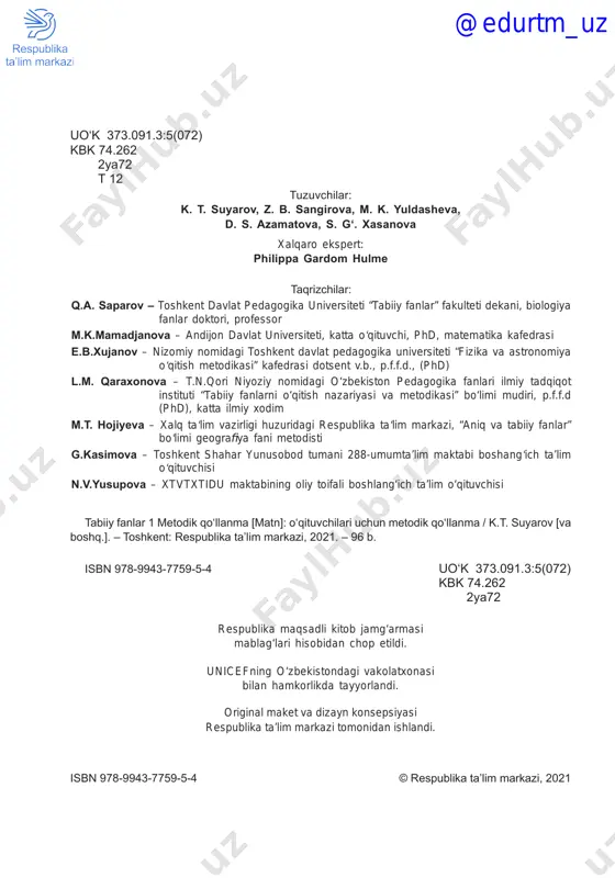 ..................... 7 2-mavzu. jonli va jonsiz tabiatni o‘rganamiz ................................................ 10 3-mavzu. tirik organizmlar ............................................................................ 13 ii bob. o‘simliklar 4-mavzu. o‘simlikning o‘sishi uchun nimalar zarur? ..................................... 16 5-mavzu. o‘simliklarning xilmaxilligi ............................................................. 18 6-mavzu. o‘simliklarning tuzilishi .................................................................. 21 7-mavzu. o‘simliklarni ekish va parvarishlash .............................................. 23 iii bob. hayvonlar 8-mavzu. hayvonlarning yashashi uchun nimalar zarur? ............................. 27 9- mavzu. hayvonlarning xilmaxilligi ............................................................ 30 10-mavzu. hayvonlarning rivojlanishi ........................................................... 33 11-mavzu. hayvonlarning ahamiyatini o‘rganamiz ....................................... 37 iv bob. ob-havo 12-mavzu. ob-havo nima? ........................................................................... 41 13-mavzu. havo haroratini o‘lchash ............................................................. 43 14-mavzu. yogʻin turlari ................................................................................ 46 v bob. yil fasllari 15-mavzu. kuz .............................................................................................. 49 16-mavzu. qish ............................................................................................. 52 17-mavzu. bahor .......................................................................................... 55 18-mavzu. yoz .............................................................................................. 57 19-mavzu. yil fasllarini farqlash va o‘zgarishlarni tasvirlash ......................... 60 vi bob. yashash joyi 20-mavzu. o‘rmon ....................................