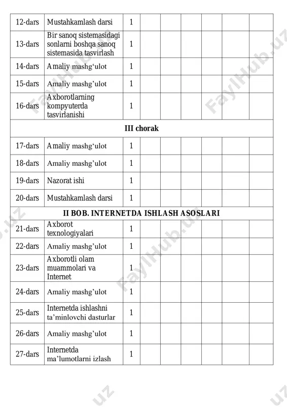 a qilishni singdirish. kompetensiya: tk: axborot kommunikatsion texnologiyasidan foydalanishda xorijiy tildagi atamalarni mazmunini tushungan holda uni jarayonga qo‘llash; fk: axborot manbalaridan axborotlarni izlab topadi va yig‘a oladi; sodda grafik muharrir va uning imkoniyatlarini biladi; izlab topilgan grafik axborotlarni saqlaydi va foydalana oladi; dars usuli: suhbat, tushuntirish, ―savol-javob‖ metodi, ―rasmli boshqotirma‖ , ―to‗g‗risini top‖,‖yosh aktyor‖o‗yinlari. dars turi: bilim va ko‟nikmalarni nazorat qiluvchi va mustahkamlovchi. o‟quv jarayonining amaliga oshirish texnologiyasi: o‘qitish usullari: blits-so‘rov, savol-javob. o‘qitish shakllari: guruhlara ishlash, frontal, jamoaviy. o‘qitish vositalari: 6-sinf darsligi, mavzuga oid dars taqdimoti, ―jajji bilimdon‖ jurnali. monitoring va baholash: og‘zaki va test nazorati, amaliy vazifalar. asosiy tushunchalar: o‘quvchilar o‘tgan o‘quv yilida o‘tilgan mavzularini esga olish, ularni savol- javob, rasmli boshqotirma bilan olgan bilimlarini esga olish. kalit so'zlar: axborot, informatika, matn muharrirlari, matn protsessorlari. mavzuni yoritish. «informatsiya» so‗zi turli tillarda ishlatilib, ma'nosi turlicha talqin qilinsa ham, ulaming asosida lotincha informatio so‗zi yotadi. u «tu- shuntirish», «tavsiflash», «xabar olish» …
