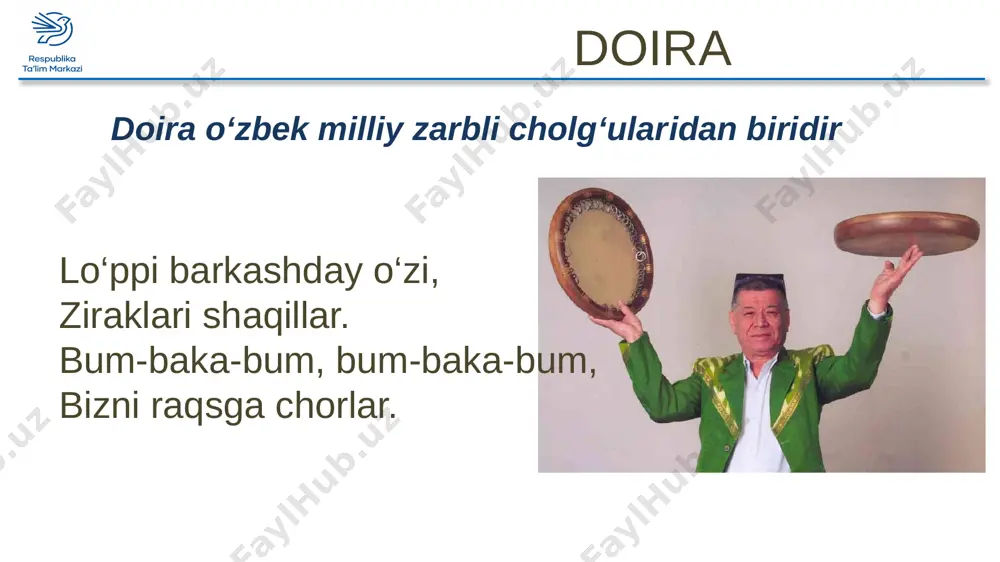 chapak bilan jo‘r bo‘ling “childirma” qo‘shig‘ini ifodali kuylang. nimchorak notani nota yo‘lida to‘g‘ri joylashtiring. keyingi darsda ko‘rishguncha… 13 image11.png image12.png image13.png image14.jpeg image15.jpeg image16.jpeg image17.jpeg image18.png image19.gif image20.gif image21.jpeg image22.gif image23.gif image24.jpeg image25.png image26.gif image28.jpeg image29.jpeg image27.png image31.png image32.png image33.png image30.png image34.png image35.gif image36.jpeg image37.png image38.gif image40.png image41.png image42.png image39.jpeg image43.jpeg