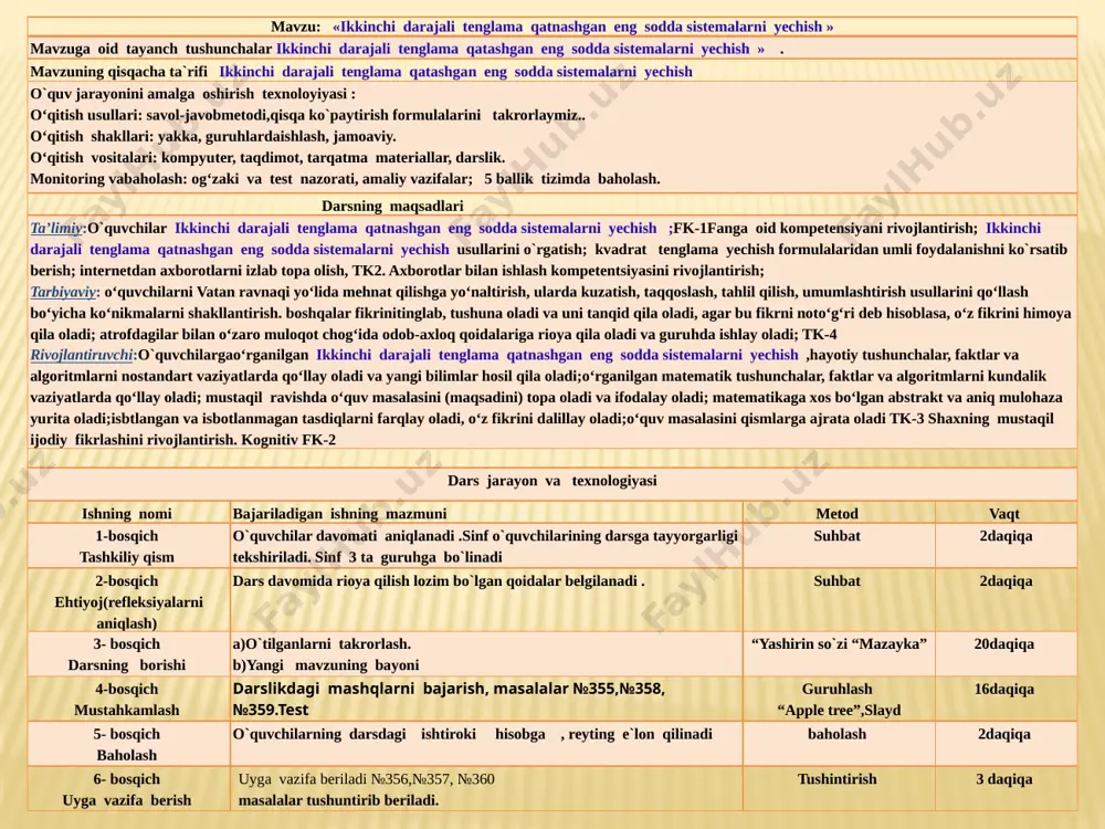 ostandart vaziyatlarda qo‘llay oladi va yangi bilimlar hosil qila oladi;o‘rganilgan matematik tushunchalar, faktlar va algoritmlarni kundalik vaziyatlarda qo‘llay oladi; mustaqil ravishda o‘quv masalasini (maqsadini) topa oladi va ifodalay oladi; matematikaga xos bo‘lgan abstrakt va aniq mulohaza yurita oladi;isbtlangan va isbotlanmagan tasdiqlarni farqlay oladi, o‘z fikrini dalillay oladi;o‘quv masalasini qismlarga ajrata oladi tk-3 shaxning mustaqil ijodiy fikrlashini rivojlantirish. kognitiv fk-2 dars jarayon va texnologiyasi ishning nomi bajariladigan ishning mazmuni metod vaqt 1-bosqich tashkiliy qism o`quvchilar davomati aniqlanadi .sinf o`quvchilarining darsga tayyorgarligi tekshiriladi. sinf 3 ta guruhga bo`linadi suhbat 2daqiqa 2-bosqich ehtiyoj(refleksiyalarni aniqlash) dars davomida rioya qilish lozim bo`lgan qoidalar belgilanadi . suhbat 2daqiqa 3- bosqich darsning borishi a)o`tilganlarni takrorlash. b)yangi mavzuning bayoni “yashirin so`zi “mazayka” 20daqiqa 4-bosqich mustahkamlash darslikdagi mashqlarni bajarish, masalalar №355,№358, №359.test guruhlash “apple tree”,slayd 16daqiqa 5- bosqich baholash o`quvchilarning darsdagi ishtiroki hisobga , reyting e`lon qilinadi baholash 2daqiqa 6- bosqich uyga vazifa berish uyga vazifa beriladi №356,№357, №360 …