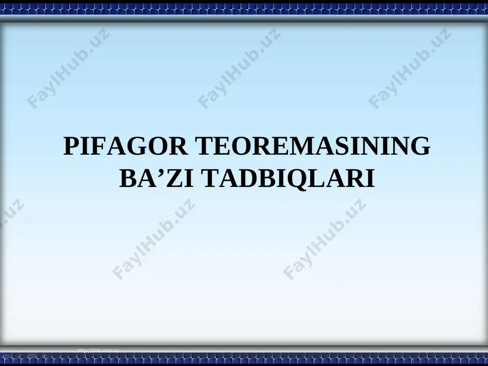 aholanib boradilar. dars yakunida sardorlaro’zlari to’plagan jetonlar yordamida guruhlari ballarini aniqlashadi. takrorlash daqiqasining birinchi qismida sardorlar konvertlar tanlashadi va undagi savollarga guruh a’zolari bilan tayyorlanib, bitta vakil javob beradi. savollar: qanday uchburchak to’g’ri burchakli deyiladi? gipotenuza nima? isosceles and equilateral triangles and right triangles katet nima? pifagor teoremasini ayting. special right triangles. 1.the rectangle above has a diagonal of length 20.if the base of the rectangle is twice as long as the height, what is the height? 2.what is the erea of triangle acb shown above? masala yechish: ”welcome sat math”. * ii. yangi mavzu bayoni: sinf o’quvchilari “tarixiy ma’lumot”lar bilan tanishishadi. “pifagor sonlari” yoki “pifagor uchliklari” deb ataluvchi, masalalar yechishda ko’p foydalaniladigan sonlar haqida so’zlab, “pifagor” teoremasini hayotda qo`llanishi haqida masalarda ko`rib chiqadilar. pifagor uchligidan biri: 3; 4; 5. ; tomonlari 3; 4; 5. sonlariga teng bo’lgan to’g’ri burchakli uchburchak yasashdan misrda yer ustida to’g’ri burchak yasash uchun yoki …
