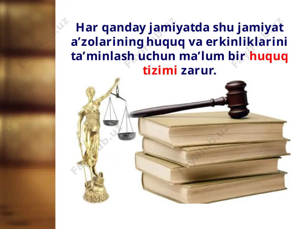 gan tarmoqlar davlatning ichki huquq tizimini tashkil qiladi. bundan tashqari xalqaro huquq tizimi ham mavjud bo‘lib, bu huquq tizimi normalari davlatlar, xalqaro tashkilotlar va boshqa subyektlar o‘rtasidagi huquqiy munosabatlarni tartibga soladi. xalqaro huquq tizimi quyidagi tarmoqlarni o‘z ichiga oladi: xalqaro ommaviy huquq, xalqaro xususiy huquq, xalqaro tash kilotlar huquqi, xalqaro xavfsizlik huquqi, diplomatiya va konsullik huqu qi, xalqaro dengiz huquqi va boshqalar. huquq institutlari – bu o‘zaro bog‘langan, bir turdagi ijtimoiy munosa batlarni tartibga soluvchi huquqiy normalar guruhidan iborat. konstitutsiyaviy huquq sohasida prezidentlik, fuqarolarning huquq va erkinliklari instituti, jinoyat huquqi sohasida – javobgarlik instituti, oila huquqida – nikoh instituti va boshqalar. bu huquq institutlari huquq sohasining ichki tar kibiy qismidir. huquq institutlari birlashib, huquq sohasini tashkil etadi. ya’ni huquq institutlari huquq sohalarining tarkibiy qismidir. savol va topshiriqlar: 1. huquq tizimini sohalarga ajratish nima uchun zarur? 2. huquqiy tartibga solish predmeti nima? 3. huquqiy tartibga solish usulini tushuntirib bering. 4. huquqiy …