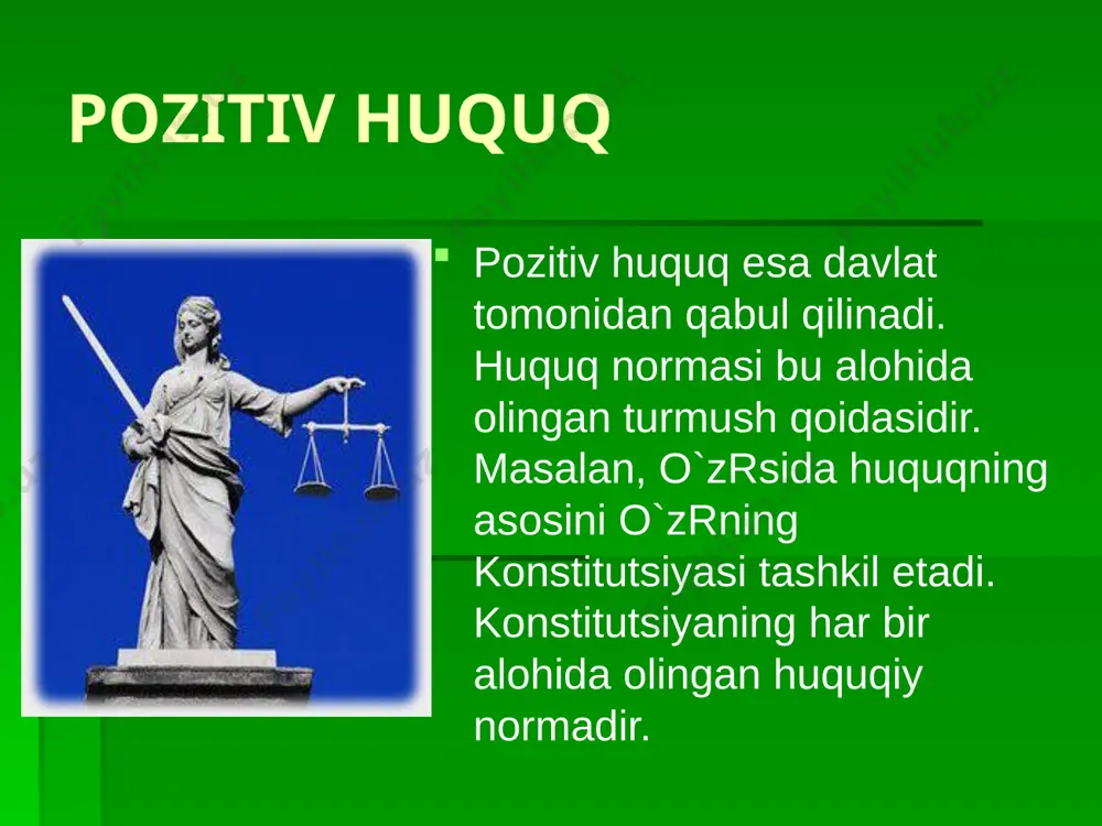 nomasining yuridik kuchini barcha fuqarolar uchun majburiyligini ifodalaydi. huquq tizimi huquq tizimi jamiyatning iqtisodiy tuzilishidan paydo bo‘lib, u bilan bog‘liq bo‘lgan, uning mustahamlaydigan har bir davlatning ichki huquq tuzilishi bo‘lib, kishilar o‘rtasidagi turli ijtimoiy munosabatlarni tartibga soladi. huquq tizimi jamiyatning siyosiy, g‘oyaviy, ma’rifiy, madaniy va boshqa ijtimoiy belgilari bilan bog‘liqdir. hamda huquq tizimi jamiyatning milliy munosabatlari, uning urf —odatlari, barcha xalqning huquqiy ongi huquqiy madaniyatligi va davlatning huquq ijodkorlik faoliyatiga borliqdir. huquq tizimi jamiyatdagi barcha sinf, millat, tabaqa va xalqning qonun darajasida ko‘tarilgan erki —irodasi bo‘lib, ular o‘rtasidagi turli ijtimoiy munosabatlarni tartibga soluvchi huquq normalari, huquq institutlari va huquq sohalaridan iborat bo‘lib, obyektiv xarakterga ega. huquq institutlari huquq sohasida o‘zaro bog‘langan jamiyatda kishilar o‘rtasidagi bir turdagi ijtimoiy munosabatlarni tartibga soluvchi bir qancha huquq normalaridan iborat. huquq institutlari huquqning asosi hisoblangan o‘zbekiston respublikasi konstitutsiyasida ham mavjud. masalan, «inson va fuqarolarninng asosiy huquqlari erkinliklari va burchlari», «jamiyat va shaxs» ma’muriy hududiy va …