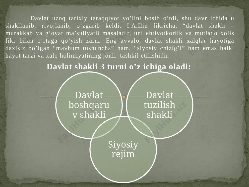 lar miqiyosida ikki pog’onali bo’ladi; ikki fuqarolik mavjud bo’lib, u har bir fuqaroning bir vaqtda ham federativ davlat fuqarosi, ham federatsiya subyekti fuqarosi ekanligini bildiradi; federatsiyaning oliy qonun chiqaruvchi idorasi ikki palatali tuzilishga ega; markaziy hukmatga bo’ysunuvchi yagona qurolli kuchlar, politsiya, xavfsizlik xizmati, bojxona tizimi mavjud bo’ladi; federatsiyaning subyektlari – o’z konstitutsiyasiga , o’z ramzlariga ega bo’ladi konfederatsiya: bir necha davlatlarning ayrim muhim sohalar, ya’ni iqtisodiy, siyosiy, mudofaa masalalari bo’yicha tuzgan ittifoqdir. konfederatsiyada yagona davlat hududi, yagona fuqarolik bo’lmaydi. konfederatsiya bu to’la mustaqil davlatlarning ayrim sohalar bo’yicha tuzadigan ko’ngilli ittifoqidir. hozirgi vaqtda yevropaning 15ta davlatini birlashtirgan yevropa ittifoqi davlatlarining hamdo’stligi konfederatsiyasi mavjud. davlat hokimiyati va boshqaruvi idoralarining tashkil etilishi tartibi, ularning o’zaro hamda aholi bilan aloqadorligidir. davlat boshqaruv shakli insoniyatni qadimdan qiziqtirib kelgan. olimlar o’z izlanishlarida davlat shakllaridagi eng muhim jihatni ajratib olib, ularni tasvirlab berish, tahlil yetish, baholashga va iloji bo’lganda bu shakllarni rivojlantirish istiqbollarini oldindan aytib berishga urinardilar. …