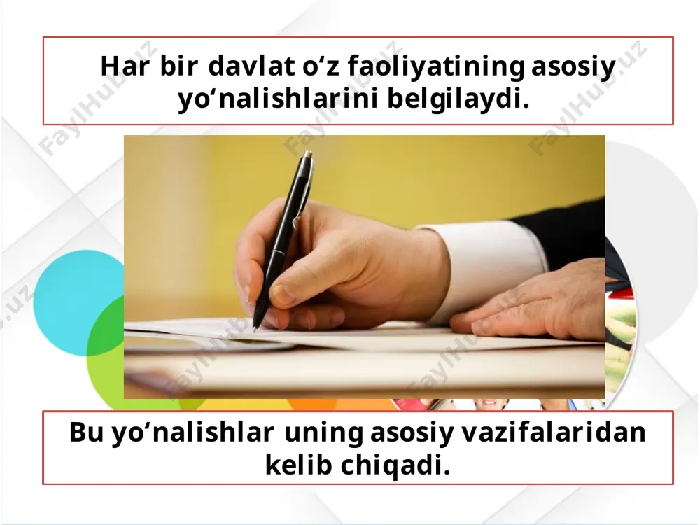 va ta’lim tizimini qo‘llab-quvvatlash; ♦ aholini ijtimoiy ne’matlar bilan ta’minlash. davlatning funksiyalari ichki funksiyalari tashqi funksiyalari fuqarolarning huquq va erkinliklarini ta’minlash; barcha mulkchilik shakllaridagi mulkni himoyalash; mamlakatning iqtisodiy sohadagi rivojlanishini ta’minlash; fuqarolarning madaniy-ma’rifi y barkamollikka erishishlari uchun sharoit yaratish; aholining ijtimoiy himoyasi, ijtimoiy sohani rivojlantirish. tinchlik va osoyishtalikni ta’minlash; tashqi xavf-xatardan mudofaa; xorijiy mamlakatlar bilan siyosiy aloqalarni yo‘lga qo‘yish; xalqaro iqtisodiy faoliyat; xorijiy mamlakatlar bilan madaniy aloqalar. boshqa davlatlar bilan o‘zaro munosabatlar olib borish davlatning tashqi funksiyalarini belgilaydi. har qanday davlat jahondagi boshqa davlatlar bilan turli aloqalarni yo‘lga qo‘yishga majbur. shundagina u jahon hamjamiyati tomonidan tan olinishi mumkin. 1. diplomatik aloqalar; 2. savdo-sotiq aloqalari; 3. madaniy aloqalar; 4. harbiy aloqalar va boshqalar. bu aloqalarga quyidagilarni kiritsak bo‘ladi: davlat, shuningdek, xalqaro tashkilotlar bilan ham o‘zaro aloqalarni yo‘lga qo‘yishi lozim. xalqaro tashkilotlar sirasiga birlashgan millatlar tashkiloti, umumjahon savdo tashkiloti va boshqalarni kiritish mumkin. bu xalqaro tashkilotlarning eng nufuzlilariga o‘zbekiston respublikasi to‘laqonli a’zo …