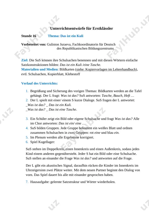 sachen benennen und mit diesen wörtern einfache satzkonstruktionen bilden: das ist ein kuli /eine tasche. materialien und medien: bildkarten (siehe: kopiervorlagen im lehrerhandbuch), evtl. schulsachen, kopierblatt, klebestoff verlauf des unterrichts: 1. begrüßung und sicherung des vorigen themas: bildkarten werden an die tafel gehängt. der l fragt: was ist das? sus antworten: tasche, bauch, heft … 2. der l spielt mit einer/ einem s kurze dialoge. sus fragen der l antwortet: _was ist das? _ das ist ein kuli. _was ist das? _ das ist eine tasche. 3. ein schüler zeigt ein bild oder eigene schulsache und fragt was ist das? alle im chor antworten: das ist ein/ eine … 4. sus bilden gruppen. jede gruppe bekommt ein weißes blatt und ordnen zusammen schulsachen in zwei gruppen: rot eine und blau ein. 5. im plenum werden alle ergebnisse korrigiert. 6. spiel kugellager: sus stehen im doppelkreis, einen innenkreis und einen außenkreis, …