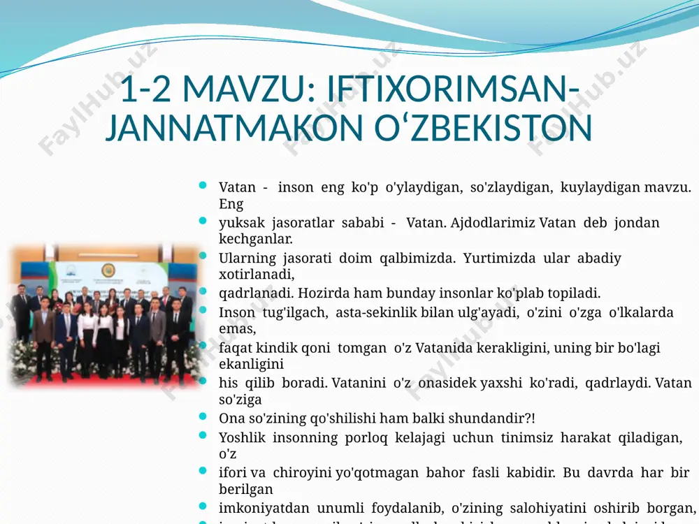 oniyning faoliyati bilan bog'lab tushuntiring. 2-ijodiy faoliyat tarbiya qancha mukammal bo'lsa, xalq shuncha baxtli yashaydi, deydi donishmandlar. tarbiya mukammal bo'lishi uchun esa bu masalada bo'shliq paydo bo'lishiga mutlaqo yo'l qo'yib bo'lmaydi. shavkat mirziyoyev ijodiy faoliyat prezidentimizning yuqorida berilgan fikrlarida «bo'shliq paydo bo'lishi­ ga mutlaqo yo'l qo'yib bo'lmaydi», deganda qanday bo'shliq nazarda tutilgan? fsmu texnologiyasi fsmu-texnologiyasi asosida mavzular yoritiladi darsdan ijobiy saboq chiqarib 1. o'z vatani, oilasi, mahallasi uchun jonkuyar bo'lgan odamni qanday in­ son deb atash mumkin? 2. fikringizni 10-betda berilgan suratlar asosida izohlang. ushbu suratlar- da ifodalangan tasvirlar sizda qanday fikr uyg'otdi? 3. 6-surat bilan qolgan suratlarning qanday bog'liqlik tomoni bor? 8 topshiriq. quyidagi mavzularning biri asosida hikoya yozing yurt ravnaqi uning farzandlari qo'lida. dunyoni bilimli yoshlar egallaydi. ajdodlardan meros yurt biz uchun omonat. biz tinchlik uchun mas'ulmiz. etiboringiz uchun raxmat image2.png image3.png image4.png image5.png image6.png image7.png