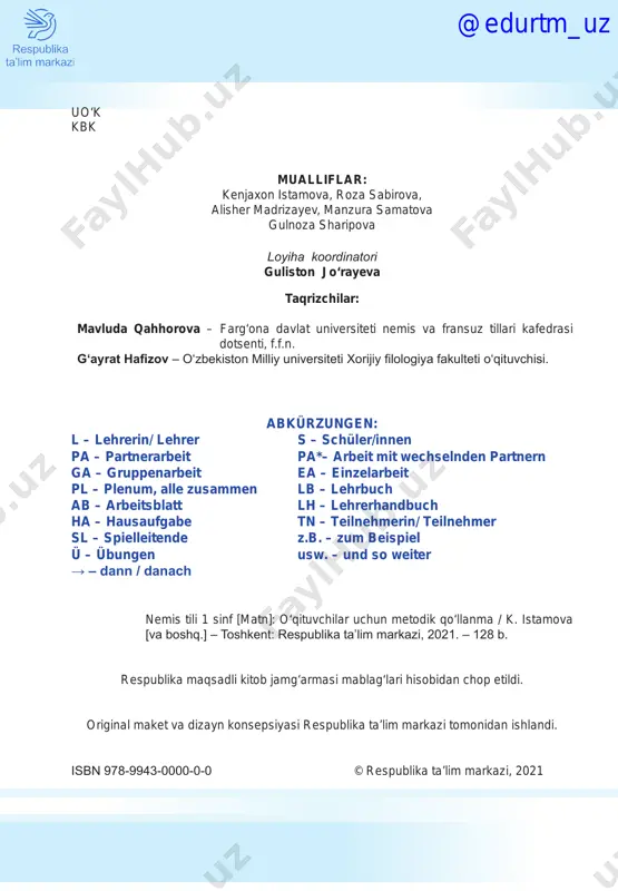 .................................................... 65 lektion 9 tiere der welt............................................................................. 73 stationenlernen............................................................................................ 82 wir machen experimente............................................................................. 86 kopiervorlagen zum experiment............................................................ 93 tipps zum einsatz der sprachlernspiele........................................... 100 kopiervorlagen zum unterricht.......................................................... 109 @edurtm_uz 4 liebe deutschlehrer! das lehrerbuch in ihrer hand ist teil der lehrbuchsammlung „deutsch 1“. durch diesen leitfaden erhalten sie detaillierte informationen zur durchführung der übungen im buch und eine beschreibung der jeweiligen themen. für jede lektion werden unterrichtsthemen, dazugehörige vokabeleinheiten und kommunikative ziele bereitgestellt. jede unterrichtsstunde wird in form eines tabellarischen unterrichtsplans dargestellt. die tabelle gibt auskunft über die übungsseite und -nummer, die form und eine beschreibung der übung. alternativen zu einigen übungen und spielen werden ebenfalls angeboten. es ist ratsam, dieses lehrerhandbuch zu verwenden, um den schülern die ideen und ziele zu vermitteln, die die autoren des lehrbuchs in jeder lektion vor augen haben. sie können einige übungen einfacher oder komplexer gestalten, je nachdem, wie fortgeschritten ihre schüler sind. es …