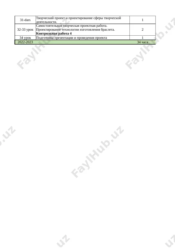. 1 32-33 urok samostoyatelnaya tvorcheskaya proektnaya rabota. proektirovanie texnologii izgotovleniya brasleta. kontrolnaya rabota 4 2 34 urok podgotovka prezentatsii i provedeniya proekta 1 2022-2023 34 chasa
