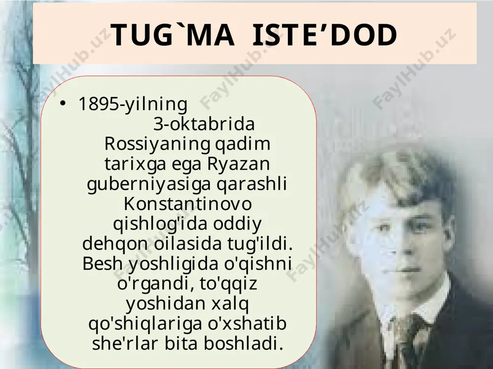 ga borishga qattiq intiladi. biroq o'sha paytdagi rossiya va eron munosabatlari rus shoirini u yoqqa yuborish maqsadga muvofiq emasligini taqozo etadi. shunga qaramasdan, sergey yesenin qattiq turib eronga borishni talab qilgani uchun uni ozarbayjonning bokuga yaqin qishloqlaridan biriga yuborishadi. bir necha muddat bu yerda yashab, sharqona ruhni his etadi, sharq odamlarining hayot tarzidan zavqlanadi va tez fursatda uning «fors taronalari» she'rlar turkumi yoziladi. «fors taronalari» she’rlar turkumi (1924—25) hofiz, sa’diy, xayyom kabi sharq ijodkorlariga cheksiz hurmat-ehtirom mahsuli sifatida dunyoga keldi. e’tirof «tanlangan she’rlar», «zamin darg‘asi», «lirika: she’rlar, dostonlar» she’riy to‘plamlari e. vohidov tomonidan o‘zbek tiliga tarjima qilingan (1965, 1970, 1981). toshkentda shoirning uy-muzeyi ochilgan (1985). rus shoirning o`zbek shogirdlari sergey yeseninning aksar she'rlarini erkin vohidov maromiga yetkazib tarjima qilgan. bu she'riyatning o'zbek shoirlari ijodiga juda katta ta'siri bo'ldi. erkin vohidov, tilak jo'ra, ma'ruf jalil, xurshid davron va boshqalar ijodida buni yaqqol sezamiz. xususan, o'zbekiston xalq shoiri marhum muhammad yusuf ijodini …