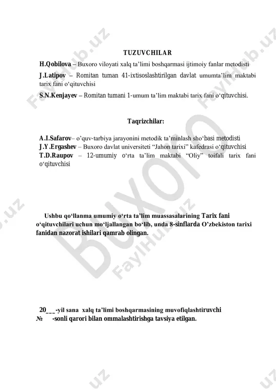 shahri bilan bobur mirzoga berildi b) sirdaryoning shimoliy tarafi asaka shahri bilan bobur mirzoga, janubiy tomoni axsi shahri bilan jahongir mirzoga berildi c) sirdaryoning shimoliy tarafi axsi shahri bilan bobur mirzoga, janubiy tomoni andijon shahri bilan jahongir mirzoga berildi d) sirdaryoning shimoliy tarafi axsi shahri bilan jahongir mirzoga, janubiy tomoni andijon shahri bilan bobur mirzoga berildi 4. shayboniyxon hokimiyatining kuchayishiga sabab bo‘lgan omillar nimalardan iborat edi? 1) dashti qipchoq qabilalarining rahnamolari abulxayrxon vafotidan so‘ng boshlangan o‘zaro qirg‘inlarning yana takrorlanishini aslo istamaganliklari; 2) dashti qipchoq qabilalarining o‘troq hayot tarzida yashashni orzu qilishlari; 3) dashti qipchoq qabilalarining rahnamolari muhammad shayboniyxonni o‘z orzularini ro‘yobga chiqarishga birdan bir qodir qudrat deb hisoblaganliklari; 4) mo‘guliston hukmdorlari movoraunnahrga harbiy yurishni har tomonlama qo‘llab- quvvatlaganliklari; 5) safaviylar davlatini kuchayishi a) 1,2,3 b) 2,4,6 c) 2,3,5 d) 1,4,5 5. mirzo ulug‘bek o‘ldirilgach, movarounnahrda toj-u taxt uchun boshlanib ketgan kurashda kim g‘alaba qozonadi va movarounnahr taxtini egallaydi? a) umarshayx …
