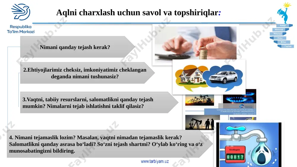 avolidir. u go‘zal hayotimizga tushgan qora dog‘ kabidir, isrofdan tezroq qutulish insonga halovat bag‘ishlaydi. guruhlarda ishlash: quyidagi maqollarni guruhingiz bilan davom qildiring? birin-ketin…? toma toma….? tejog‘li ish-….? mustaqil tayyorlash uchun topshiriq. 1. quyida neft, gaz, ko‘mir va yog‘och kabi tabiiy boyliklarning umumiy qiymati jihatidan kuchli beshlikka kirgan davlatlar berilgan. 2. ushbu davlatlarning tabiiy boyliklari va ularni qanday ishlatilishi bo‘yicha tahliliy ma’lumot tayyorlang. gurularda ishlash uchun savol va topshiriqlarsavol va topshiriqlar. tabiiy resurslarni tejash va isrofgarchilikning oldini olish mavzusida iii guruhga bo`linib loyiha tuzish. guruhlarga topshiriqlar: oila a’zolarimiz bilan nima ishlar qila olasiz? «men nima qila olaman?», «biz nima qila olamiz?» i guruh ii-guruh iii guruh mustaqil tayyorlash uchun topshiriq. isrof qilmaslik uchun o‘zingizga savol bering: ularni xarid qilish kerakmi? qanday qilib xarid qilingan narsalarni mas’uliyat bilan sarflash mumkin? nimalar xarid qilish kerak? 1 2 3 e’tiboringiz uchun rahmat image1.png image2.png image3.png image4.png image5.png image6.jpg image7.jpg image8.jpg image9.jpg image10.emf image11.jpg image12.jpg …