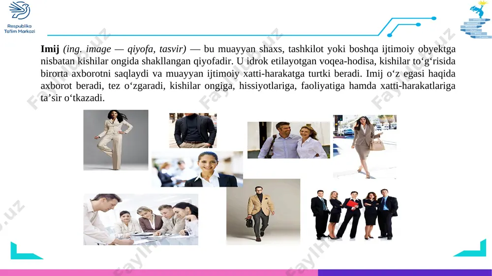 odlar merosi vositasida o‘quvchi-yoshlarda o‘zlikni anglash hissini shakllantirish modeli” shaxsning bilish faoliyati, ma’naviy ehtiyojlarini hisobga olish, madaniy dunyoqarashini boyitish, o‘z-o‘zini rivojlantirish, milliy va umummadaniy tayanch kompetensiyalarni shakllantirish jarayonlariga ustuvorlik berish asosida ishlab chiqilgan. tilimizga «imij» so‘zi imi-jimida kirib keldi. uning tilimizda muqobili, tarjimasi anchagina: yoqimlilik, joziba, jozibadorlik, dilbarlik, ko‘rkamlik, istarasi issiqlik, qiyofa, kelbat, siymo, turq, ro‘y, aft kabi. xofizlarni, raqqosalarni pardozlovchini ham «imijmeyker» deyishardi. har holda bu so‘z tilimizga o‘rnashdi. endi hatto mamlakat jozibasi – «o‘zbekiston imiji» haqidagi iboralar hujjatlarga, dasturlarga kira boshladi. e’tiboringiz uchun rahmat!