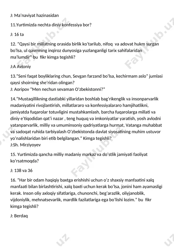 dan qat’i nazar , teng huquq va imkoniyatlar yaratish, yosh avlodni vatanparvarlik, milliy va umuminsoniy qadriyatlarga hurmat, vatanga muhabbat va sadoqat ruhida tarbiyalash o’zbekistonda davlat siyosatining muhim ustuvor yo’nalishlaridan biri etib belgilangan.” kimga tegishli? j:sh. mirziyoyev 15. yurtimizda qancha milliy madaniy markaz va do’stlik jamiyati faoliyat ko’rsatmoqda? j: 138 va 36 16. “har bir odam haqiqiy baxtga erishishi uchun o’z shaxsiy manfaatini xalq manfaati bilan birlashtirishi, xalq baxti uchun kerak bo’lsa, jonini ham ayamasligi kerak. inson oliy axloqiy sifatlariga, chunonchi, beg’arazlik, oliyjanoblik, vijdoniylik, mehnatsevarlik, mardlik fazilatlariga ega bo’lishi lozim.” bu fikr kimga tegishli? j: berdaq 17. “ dunyoda sharafli vazifalar juda ko’p, ammo ular ichida o’z vatanini himoya qilish sharaflilar ichra sharaflisidir. negaki vatan bu insonga ato etilgan eng qutlug’ ne’mat, halol nasibamiz, ajdodlarimiz uyg’oq ruhi kezib yurgan tabarruk go’sha, ularning nafasi ufurib turgan muqaddas tuproqdir! vatan unga bo’lgan muhabbatdan yuksaladi,ardoqlanadi. jaloliddin manguberdi shijoati, a temur jasorati... ularni haqiqiy vatanparvarlik …
