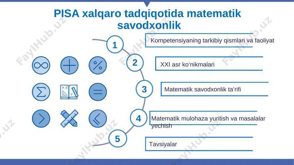 tik masala talqin qilish hayotiy yechim aqliy faoliyat turlari mulohaza yuritish ifodalash qo‘llash talqin qilish miqdor, sanoq sistemalari va ularning algebraik xossalarini tushunish matematik strukturalar va ulardagi qonuniyatlarni ko‘rish abstraksiya va timsollar yordamida ifodalashning muhimligini anglash mulohaza yuritish statistika asosida o‘zgaruvchanlik yotishini anglash matematik modellashtirishni real olamning turli hodisalarni tadqiq qilish vositasi sifatida qo‘llash mulohaza yuritish miqdorlar orasidagi funksional bog‘lanishlarni tanish 6 ifodalash inson faoliyatining turli jabhalari: shaxsiy hayot, kelajakdagi kasbiy faoliyat, o‘quv faoliyati, jamiyatdagi ijtimoiy hayot, fan va texnikaga doir turli kontekstlarda berilgan muammoli vaziyatlar mohiyatini o‘qib tushunish berilgan vaziyatni tahlil qilish va unda keltirilgan muammoni aniqlash muammo va vaziyatlarda berilgan matematik tuzilmalar (qonuniyatlar va munosabatlar)ni tanib olish muammo va vaziyatlarni soddalashtirish, ularni alohida masalalarga bo‘lish vaziyat tavsifida berilgan ma’lumotlardan amalda foydalanish imkoniyatlarini aniqlash, qayta ishlash va muammoni matematik masala ko‘rinishida ifodalash muammoli vaziyatning muhim jihatlari aks ettirilgan matematik modelni tuzish qo‘llash masalani yechishning muqobil usullarini tahlil qilish, tanlash …