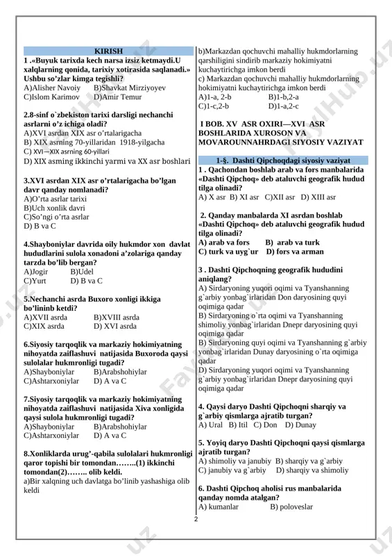 shti qipchoq» deb ataluvchi geografik hudud tilga olinadi? a) arab va fors b) arab va turk c) turk va uyg`ur d) fors va arman 3 . dashti qipchoqning geografik hududini aniqlang? a) sirdaryoning yuqori oqimi va tyanshanning g`arbiy yonbag`irlaridan don daryosining quyi oqimiga qadar b) sirdaryoning o`rta oqimi va tyanshanning shimoliy yonbag`irlaridan dnepr daryosining quyi oqimiga qadar b) sirdaryoning quyi oqimi va tyanshanning g`arbiy yonbag`irlaridan dunay daryosining o`rta oqimiga qadar d) sirdaryoning yuqori oqimi va tyanshanning g`arbiy yonbag`irlaridan dnepr daryosining quyi oqimiga qadar 4. qaysi daryo dashti qipchoqni sharqiy va g`arbiy qismlarga ajratib turgan? a) ural b) itil c) don d) dunay 5. yoyiq daryo dashti qipchoqni qaysi qismlarga ajratib turgan? a) shimoliy va janubiy b) sharqiy va g`arbiy c) janubiy va g`arbiy d) sharqiy va shimoliy 6. dashti qipchoq aholisi rus manbalarida qanday nomda atalgan? a) kumanlar b) poloveslar c) qipchoqlar d) qora bo`rk 7. dashti qipchoq aholisi vizantiya …