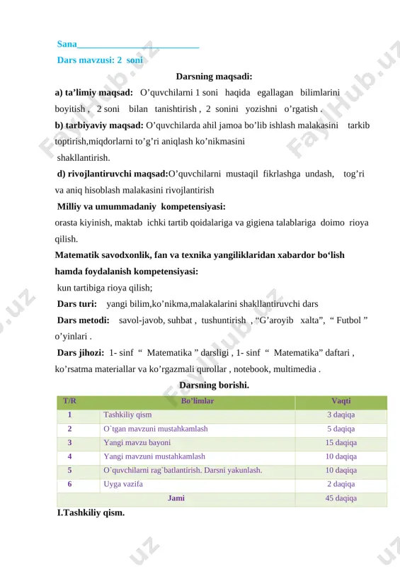 darsda tayyordir. o`ttiz beshta o`quvchi ilm olishga shaydir . -aziz bolajonlarim , mening gul marjonlarim , vatan so`zin ma`nosin aytib bering bizlarga . -vatan –onamiz –otamiz va biz tug`ilib o`sgan mahallamizdir . -vatan – bu qorli tog`lar , serhosil bog`lar, yer usti va yer osti boyliklarimizdir . -vatan –onamiz aytgan alladan boshlanadi . -vatan –inson uchun eng muqqaddas maskandir . -o`zbekiston respublikasi qachon mustaqillikka erishgan ? -bizning 1-prezidentimiz kim ? -biz har doim boshimizni egib , qolimizni ko`ksimizga qo`yib islom bobomizga rahmatlar aytamiz . bizga shunday yorug` , osoyishta kunlarni yaratib berganlar . -bosh bo`ldingiz siz mustaqil elimga , erk berdingiz mehnatsevar xalqimga . kuch berdingiz har yurakka, har dilga iymon qaytdi mening o`zbek elimga . -hozir qaysi fasldir ? buni menga kim aytar. -o`lkamizda qish fasli , fasllarning kumushi. oltin kuz ortda qoldi, go’zal qish fasli endi . -qish faslida bolalar , juda ko`pdir bayramlar . qani ayting bolalar …