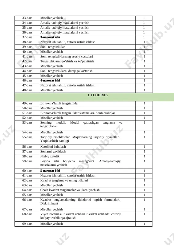ishlash 1 48-dars misollar yechish 1 iii chorak 49-dars bir noma‘lumli tengsizliklar 1 50-dars misollar yechish 1 51-dars bir noma’lumli tengsizliklar sistemalari. sonli oraliqlar 1 52-dars misollar yechish 1 53-dars sonning moduli. modul qatnashgan tenglama va tengsizliklar 1 54-dars misollar yechish 1 55-dars taqribiy hisoblashlar. miqdorlarning taqribiy qiymatlari. yaqinlashish xatoligi 1 56-dars xatolikni baholash 1 57-dars sonlarni yaxlitlash 1 58-dars nisbiy xatolik 1 59-dars loyiha ishi bo‘yicha mashg‘ulot. amaliy-tatbiqiy masalalarni yechish 1 60-dars 5-nazorat ishi 1 61-dars nazorat ishi tahlili, xatolar ustida ishlash 1 62-dars kvadrat tenglama va uning ildizlari 1 63-dars misollar yechish 1 64-dars chala kvadrat tenglamalar va ularni yechish 1 65-dars misollar yechish 1 66-dars kvadrat tenglamalarning ildizlarini topish formulalari. diskriminant 1 67-dars misollar yechish 1 68-dars viyet teoremasi. kvadrat uchhad. kvadrat uchhadni chiziqli ko‘paytuvchilarga ajratish 1 69-dars misollar yechish 1 70-dars misollar yechish 1 71-dars 6-nazorat ishi 1 72-dars nazorat ishi tahlili, xatolar ustida ishlash 1 …