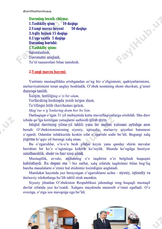am, mag’rur o’g’lonlaring doim bor bo’lsin. darhaqiqat o‘tgan 31 yil mobaynida katta muvaffaqiyatlarga erishildi. shu davr ichida qo‘lga kiritilgan yutuqlarni sarhisob qilish qiyin. istiqlol davrining yilma-yil tahlili yana bir muhim xulosani aytishga asos beradi: o‘zbekistonimizning siyosiy, iqtisodiy, ma'naviy qiyofasi batamom o‘zgardi. odamlar tafakkurida keskin sifat o‘zgarishi sodir bo‘ldi. bugungi xalq yigirma to‘qqiz yil burungi xalq emas. bu o‘zgarishlar, o‘n-o‘n besh yildan keyin yana qanday shirin mevalar berishini bir ko‘z o‘ngimizga keltirib ko‘raylik. shunda ko‘ngilga baxtiyor umidbaxshlik, shukr va faxr xissi unadi. mustaqillik, avvalo, millatning o‘z taqdirini o‘zi belgilash huquqini kafolatlaydi. bu degani esa - biz millat, xalq sifatida taqdirimiz bilan bog‘liq barcha masalalarni o‘zimiz hal etishimiz lozimligini anglatadi. mamlakat hayotida yuz berayotgan o‘zgarishlarni uchta - siyosiy, iqtisodiy va ma'naviy islohotlarga bo‘lib tahlil etish mumkin. siyosiy jihatdan o‘zbekiston respublikasi jahondagi teng huquqli mustaqil davlat sifatida yuz ko‘rsatdi. xalqaro maydonda munosib o‘rinni egalladi. o‘z ovoziga, o‘ziga xos mavqeiga ega bo‘ldi. @sertifikatlitarixhuquq @sertifikatlitarixhuquq …