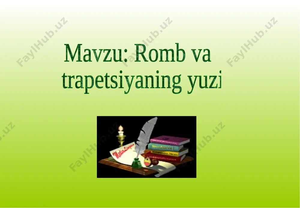 apetsiyani ikkita teng dosh bo’lakka bo’lishini isbot qiling. abcd trapetsiyada, ef uning o’rta chizig’i, mn esa o’rta chiziqning o’rtasi o orqali o’tuvch hamda m va n nuqtalarda kesuvchi to’g’ri chiziq bo’lsin. abmn va mndc trapetsiyalar mos ravishda teng eo va of o’rta chiziq hamda berilgan trapetsiyaning balandligiga teng balandlikka ega.demak, bu trapetsiyaning balandliklari ham teng,ya’ni ular tengdoshdir; s(abmn)=s(mndc). shuni isbotlash talab etilgan edi. . a b c d o m n e f moychechak metodi ko’pburchak trapetsiya parallellogramm kvadrat romb uchburchak to’rtburchak moslikni toping parallellogrammning yuzi trapetsiyaning yuzi rombning yuzi ucburchakning yuzi s=1/2*a*h s=1/2*d1*d2 s=(a+b):2*h s=a*h uyga vazifa darslikdagi 12-13-masalalar e'tiboringiz uchun rahmat ! image1.gif image2.gif image3.gif image4.jpeg image5.png image6.gif image7.gif image8.png image9.png image10.wmf image11.png image11.gif image13.png image14.png image12.gif image13.gif image14.gif image15.gif image19.png image16.gif image17.gif image18.gif image20.png image21.gif image22.png image23.gif