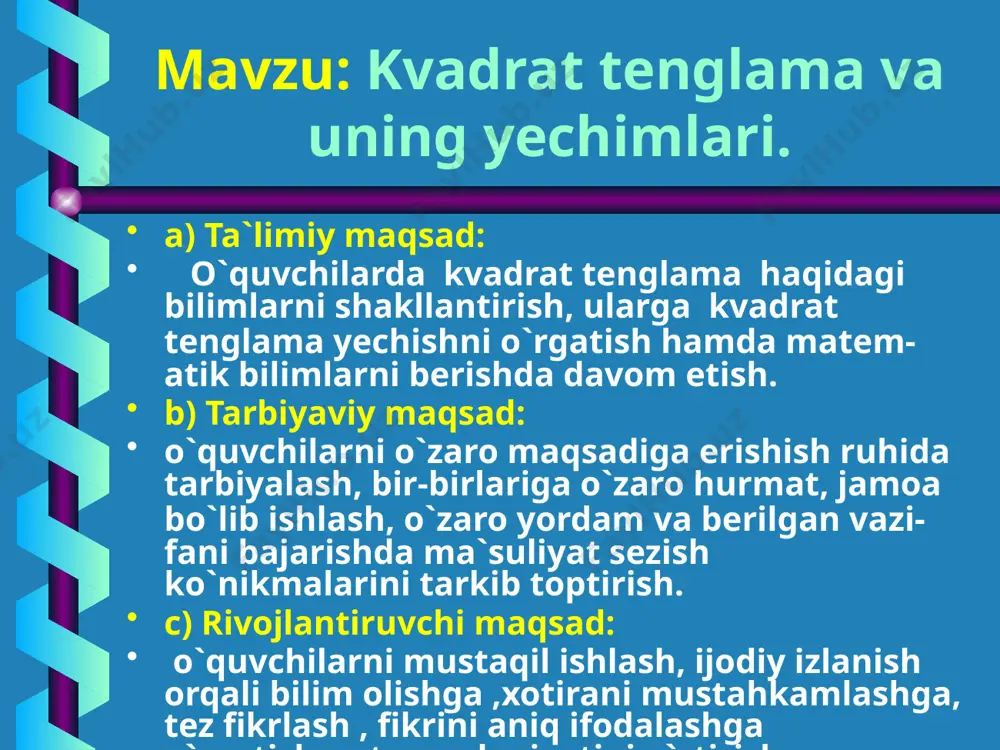iy) 2. qachon 4 ni ko'rib 16 deymiz ?(soat 16 ) 3. quyosh erdan necha km uzoqlikda ? (150 million km ) 4. ko'z nimadan to'ymaydi ? ( ko'rishdan ) 5. o'rgimchakda nechta oyoq bo'ladi ? ( 8ta ) 6. dunyodagi eng uzun tog' tizmasi ? ( and ) 7. er nimaga to'ymaydi ? (yomg'ir suviga ) 8. dunyodagi eng mitti qushning nomi nima ? ( kolibri ) 9. 10:5·4 natijani ayting (8 ) 10. respublikamizda nechanchi yil amir temur yili deb e'lon qilingan?(1996yili) 11. ”arifmetika” dastlab qaysi davlatda rivojlangan ?(hindistonda) har sohadan bir shingil bunda a, b, c - berilgan sonlar, a ≠ 0, x esa noma'lum. ko'rinishdagi tenglamaga aytiladi, kvadrat tenglama deb iii. yangi mavzu bayoni kvadrat tenglamaning a, b, c koeffitsiyentlari odatda bunday ataladi: a -- birinchi yoki bosh koeffitsiyent, b -- ikkinchi koeffitsiyent, c --- ozod had. masalan tenglamada bosh koeffitsiyent 3, ikkinchi koeffitsiyent -1, ozod …