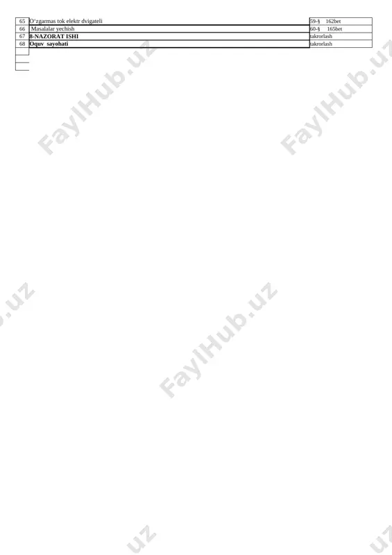 r yechish 39-§ 111 bet 43 5-nazorat ishi takrorlash 44 metallarda elektr toki 40-§ 115 bet 45 suyuqliklarda elektr toki 41-§ 117 bet 46 elektroliz. faradeyning birinchi qonuni 42-§ 120 bet 47 faradeyning ikkinchi qonuni 43-§ 123 bet 48 masalalar yechish 44-§ 125bet 49 elektrolizdan turmushda va texnikada foydalanish 45-§ 127 bet 50 vakuumda elektr toki 46-§ 129 bet 51 gazlarda elektr toki 47-§ 131 bet 52 6-nazorat ishi takrorlash 53 elektr razryadning turlari va ulardan foydalanish 48-§ 133 bet 54 magnit maydon. doimiy magnit va uning qutblari 49-§ 139 bet 55 magnit maydonni xarakterlovchi parametrlar 50-§ 143 bet 56 yerning magnit maydoni 51-§ 145 bet 57 tokning magnit maydoni 52-§ 146 bet 58 magnit maydonning tokli o‘tkazgichga ta’siri 53-§ 149 bet 59 masalalar yechish 54-§ 151 bet 60 7-nazorat ishi takrorlash 61 bir jinsli magnit maydonida tokli ramkaning aylanma harakati 55-§ 153 bet 62 magnit maydonida zaryadli zarraning harakati …