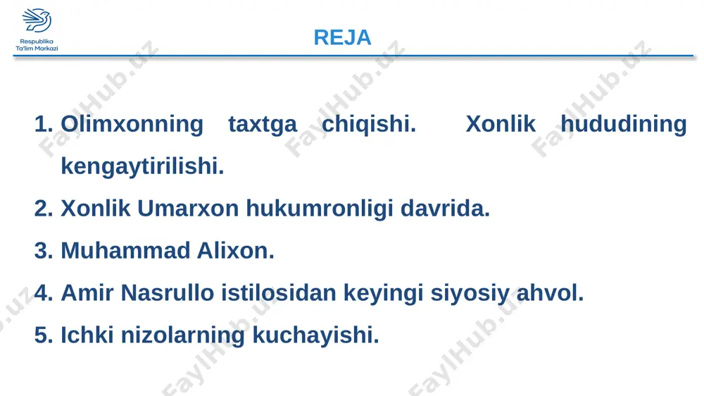 onlik qildiyu qorategin, darboz, ko‘lobni egalladiyu marhum otasining eng obro‘li ayonlarini taqib qila boshladi. 1842- yil buxoro amiri nas-rullo muhammad alixonni (madalixon) va ukasi sulton mahmudxonni qatl qildirdi. bilasizmi? 1842-yil noib va beklar hokimiyati tu-gatildi. amir nasrullo qo‘qonni bosib oldi. 1842-1845-yillarda sheralixon taxtga chiqdi. 1842-yil xonlikda hokimiyat amalda qipchoq-lar qo‘liga o‘tdi. olimxonni o‘g‘li murodxon taxtga chiqdi. undan so‘ng taxtga xudoyor-xon taxtga chiqdi. 1852-yil 9-oktabr kuni tosh-kentdan chaqirilgan qo‘shin bilan qipchoqlar qirg‘inini uyushtirdi. shu tariqa, musulmonqul va qipchoqlar hukumronligi barham topdi. bilasizmi? mustahkamlash: tarixiy sanalarni, atamalarni topish. atamalar dinor qurama amir al-muslimin beklik sanalar 1805-yil 1798-1810-yillar 1817-yil 1852-yil 1812-yil 1822-1841-yillar 1842-1845-yillar dinor-kumush tanga pul qurama-sirdaryo o‘rta oqimining deyarli barcha o‘ng oqimi amir al-muslimi-musulmonlar amiri beklik-viloyat 1805-yil - olimxon dinorni zabt ettirdi. 1798-1810-yillar - olimxon hukumronlik davri. 1817-yil - umarxon kumush va tilla pullar zarb qildirdi. 1852-yil – xudoyorxon qipchoqlar qirg‘inini uyushtirdi. 1812-yil – umarxon turkistonni egalladi. 1822-1841-yillar – madalixon hukumronlik davri. …
