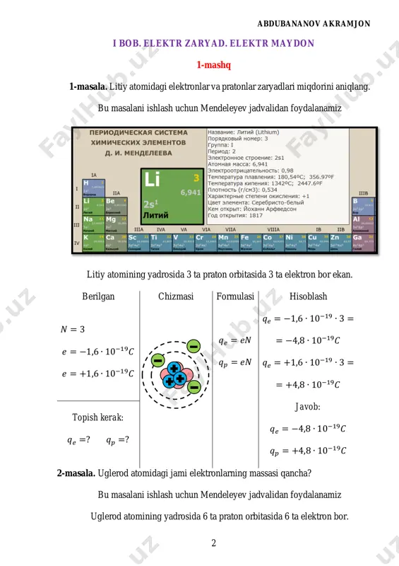chalar 3,6 ∙ 10−4𝑁 kuch bilan ta’sirlashmoqda. ular qanday miqdorda zaryadlangan? berilgan formulasi hisoblash f f r abdubananov akramjon 5 𝑟 = 5 𝑠𝑚 𝑟 = 5 ∙ 10−2𝑚 𝑞1 = 𝑞2 = 𝑞 𝐹 = 3,6 ∙ 10−4𝑁 𝐹 = 𝑘 ∙ |𝑞1| ∙ |𝑞2| 𝑟2 𝐹 = 𝑘 ∙ 𝑞2 𝑟2 bundan: 𝑞 = 𝑟 ∙ √ 𝐹 𝑘 𝑞 = 5 ∙ 10−2 ∙ √ 3,6 ∙ 10−4 9 ∙ 109 = = 5 ∙ 10−2 ∙ 2 ∙ 10−7 = 10−8𝐶 topish kerak: 𝐹 =? javob: 𝑞 = 10−8𝐶 3-masala. zaryadlari 0,36 𝜇𝐶 va 10 𝑛𝐶 bo’lgan sharchalar qanday masofada 9 mn kuch bilan ta’sirlashadi? berilgan formulasi hisoblash 𝑞1 = 0,36 𝜇𝐶 𝑞1 = 0,36 ∙ 10−6𝐶 𝑞2 = 10 𝑛𝐶 𝑞2 = 10 ∙ 10−9𝐶 𝐹 = 𝑘 ∙ |𝑞1| ∙ |𝑞2| 𝑟2 𝑟2 = 𝑘 ∙ 𝑞1 ∙ 𝑞2 𝐹 bundan: 𝑟 = √ …