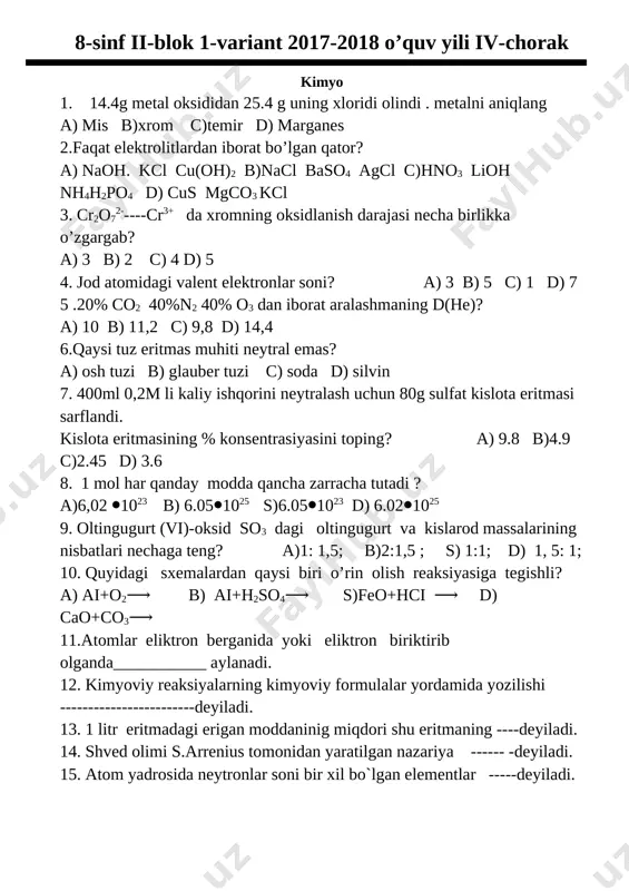 a) naoh. kcl cu(oh)2 b)nacl baso4 agcl c)hno3 lioh nh4h2po4 d) cus mgco3 kcl 3. cr2o72-----cr3+ da xromning oksidlanish darajasi necha birlikka o’zgargab? a) 3 b) 2 c) 4 d) 5 4. jod atomidagi valent elektronlar soni? a) 3 b) 5 c) 1 d) 7 5 .20% co2 40%n2 40% o3 dan iborat aralashmaning d(he)? a) 10 b) 11,2 c) 9,8 d) 14,4 6.qaysi tuz eritmas muhiti neytral emas? a) osh tuzi b) glauber tuzi c) soda d) silvin 7. 400ml 0,2m li kaliy ishqorini neytralash uchun 80g sulfat kislota eritmasi sarflandi. kislota eritmasining % konsentrasiyasini toping? a) 9.8 b)4.9 c)2.45 d) 3.6 8. 1 mol har qanday modda qancha zarracha tutadi ? a)6,02 ⦁1023 b) 6.05⦁1025 s)6.05⦁1023 d) 6.02⦁1025 9. oltingugurt (vi)-oksid so3 dagi oltingugurt va kislarod massalarining nisbatlari nechaga teng? a)1: 1,5; b)2:1,5 ; s) 1:1; d) 1, 5: 1; 10. quyidagi sxemalardan qaysi biri o’rin olish reaksiyasiga …