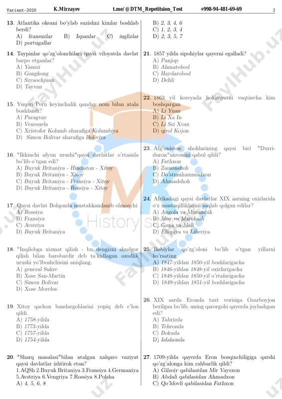 boshlab okean to‘lqinlariga bardosh beruvchi, shamolga qarshi suza oladigan yelkanli kema – karavella yaratildi? a) xvi asr oxirida b) xv asr oxirida c) xv asr boshlarida d) xvi asr boshlarida 8. buyuk geografik kashfiyotlarning eng salbiy oqibatlaridan biri bu...? a) bo‘ysundirilgan xalqlar dahshatli ekspluatatsiya qilindi b) qul savdosi xalqaro miqyosda rivojlandi c) mahahlliy aholi kapitalistik munosabatlarga zo‘rlik bilan jalb qilindi d) zabt etish jarayonida mahalliy aholining bir qismi qirilib ketdi 9. kim boshchiligidagi ekspeditsiya 1497-yil afrikani janubdan aylanib o‘tib, hind okeaniga chiqdi? a) bartolomeu diash b) vasko da gama c) x. kolumb d) amerigo vespuchchi 10. buyuk geografik kashfiyotlardagi muvaffaqiyatlar qaysi dengizchi nomi bilan bog‘liq? a) shahzoda genrix b) amerigo vespuchchi c) x.kolumb d) bartolomeu diash 11. o‘rta asrlarda banklarning rolini nima bajargan? a) birjalar b) sarroflik do’konlari c) kichik bozorlar d) yarmarkalar 12. osiyoga yevropaliklar tomonidan o‘rtayer dengizi orqali o‘zlashtirilgan savdo yo‘llari xv asrda qaysi davlatning qulaganidan so‘ng usmoniylar …
