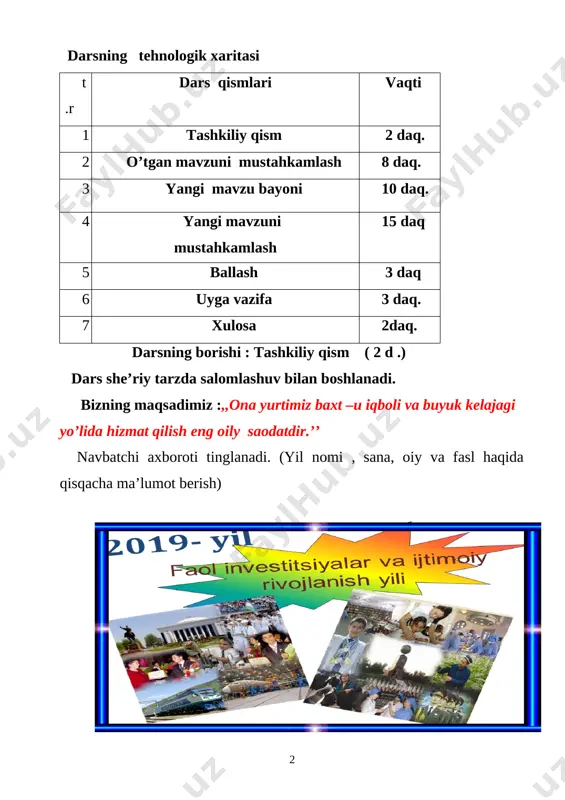 i yo’lida hizmat qilish eng oily saodatdir.’’ navbatchi axboroti tinglanadi. (yil nomi , sana, oiy va fasl haqida qisqacha ma’lumot berish) [image: image1.png] oltin qoidalarni eslatib,unga amal qilish va o’quvchilarga o’z-o’zini ballash tushuntiriladi. (har bir o’quvchi o’z ishtirokini ,, o’z kitob javonini kitoblar bilan “ boyitib borishi kerak.) o’quvchilar bilan kuz faslidagi muhim sanalar va siyosiy jarayonlar haqida suhbat o’tkaziladi : [image: image4.png][image: image5.jpg] [image: image6.png][image: image7.png][image: image8.png][image: image9.png] o’tgan mavzuni mustahkamlash : ,,iste’dodli yoshlar- yurt tayanchi “ mavzusining mazmuni yuzasidan savol –javob o’tkaziladi. o’qituvchi o’tilgan mavzular asosida tarqatma tayyorlagan bo’lib, guruh sardorlarii tanlagan mavzuga ,,zanjir “ usulida matn tuzib beradilar va mazmuni yuzasidan savol-javob o’tkaziladi. (,,biz istiqlol farzandlarimiz”, ,,koinitga sayohat” ,,,omonning orzusi” nomli matnlar asosida ) -omonning orzulari nimalardan iborat edi ? -bolalar qanday yangilik yaratishdi ? - bolalar nimalarni rejalashtirishdi ? o’quvchilar o’z istedodlarini guruhlar aro musobaqa tarzida namoyish etadilar : sportchilar chiqishi , rasmlar tanlovi o’tkaziladi, she’rxonlik …