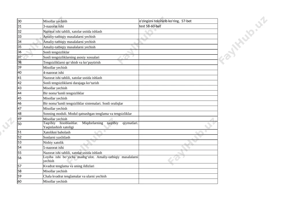 uli. modul qatnashgan tenglama va tengsizliklar 49 misollar yechish 50 taqribiy hisoblashlar. miqdorlarning taqribiy qiymatlari. yaqinlashish xatoligi 51 xatolikni baholash 52 sonlarni yaxlitlash 53 nisbiy xatolik 54 5-nazorat ishi 55 nazorat ishi tahlili, xatolar ustida ishlash 56 loyiha ishi bo‘yicha mashg‘ulot. amaliy-tatbiqiy masalalarni yechish 57 kvadrat tenglama va uning ildizlari 58 misollar yechish 59 chala kvadrat tenglamalar va ularni yechish 60 misollar yechish 61 kvadrat tenglamalarning ildizlarini topish formulalari. diskriminant 62 misollar yechish 63 viyet teoremasi. kvadrat uchhad. kvadrat uchhadni chiziqli ko‘paytuvchilarga ajratish 64 misollar yechish 65 misollar yechish 66 6-nazorat ishi 67 nazorat ishi tahlili, xatolar ustida ishlash 68 bikvadrat tenglama. kvadrat tenglamaga keltiriladigan tenglamalar 69 misollar yechish 70 misollar yechish 71 kvadrat tenglamalar yordamida masalalar yechish. 72 misollar yechish 73 misollar yechish 74 misollar yechish 75 misollar yechish 76 7-nazorat ishi 77 nazorat ishi tahlili, xatolar ustida ishlash 78 amaliy-tatbiqiy masalalarni yechish 79 amaliy-tatbiqiy masalalarni yechish 80 amaliy-tatbiqiy …
