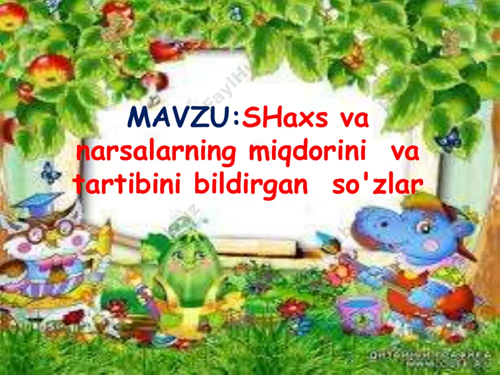 ’ladi ? iii. yangi mavzu bayoni: shaxs va narsa tartibini bildirgan so’zlar nechanchi so’rog’iga javob bo’ladi ? mustahkamlash: shaxs narsaning miqdorini bildirgan so’zlarning so’rog’ini ayting aqliy hujum dam olish daqiqasi: salqin saharlarda, bodom gulida, binafsha labida, yerlarda bahor. qushlarning parvozi, yellarning nozi, baxmal vodiylarda, qirlarda bahor. qancha sevar eding, bag’rim, bahorni, o’rik gullarining eding maftuni. har uyg’ongan kurtak hayot bergan kabi, ko’zlaringga surtib o’parding uni. mavzuni “t chizmasi” metodi bilan mustahkamlay miz. shaxs va narsaning tartibini bildirgan so’zlarga misol yozing “t chizmasi” yonma-yon kelgan bir xil undoshli miqdor bildirgan so’zlarni yzing “kim chaqqon?” (savolga javob bering.) nima uchun ism familiya bosh harf bilan yoziladi undoshlar ikki hil bo’ladi 1.jarangli 2.jarangsiz !!! yodda tuting. iii. yangi mavzuni mustahkamlash: “savol bizdan, javob sizdan”. savol-javob oʻyini •shaxs narsaning miqdori va tartibini bildirgan so’zlar qanday so’roqlarga javob bo’ladi? v.darsning yakuni: a)o'quvchilarni baholash: v.darsning yakuni: b) uyga vazifa :