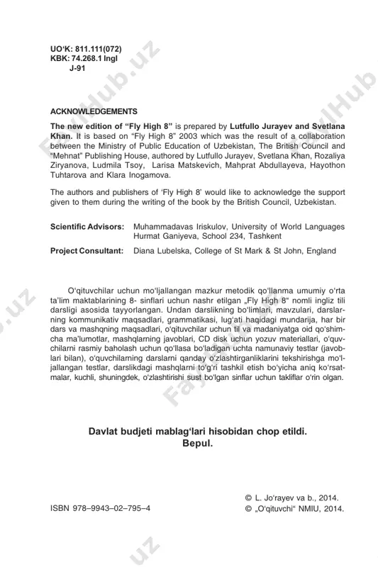 ......................................... 4 kirish .......................................................................................................... 15 map of contents ......................................................................................... 27 unit 1 public holidays and traditions .......................................................... 37 unit 2 mass media ..................................................................................... 47 unit 3 radio and tv ................................................................................... 59 unit 4 literature and life ............................................................................. 70 unit 5 cinema ............................................................................................ 80 unit 6 music and ballet ............................................................................... 92 unit 7 famous for... ................................................................................. 102 unit 8 painting and sculpture ................................................................... 118 unit 9 the environment ............................................................................ 127 unit 10 all the world’s a stage ................................................................. 138 progress checks ...................................................................................... 149 tests ........................................................................................................ 159 4 introduction 1 about the authors the team of authors working on the english textbooks consists of : experienced secondary school teachers, teachers from specialised secondary schools, methodologists from the ministry of public education and from in- service teacher training institutes and experts from university. all of us have been trained to create materials which meet the needs of pupils and teachers in uzbekistan and …