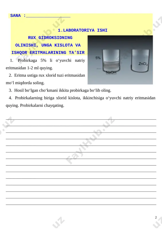 tingugurt, yod) kristallari namunalarini tayyorlash 1. kaliy xlorid qanday kimyoviy bog‘lanis[image: imti_000442]hli modda? ion bog‘lanishli moddalarga misollar keltiring. 2. kaliy va xlor ionlarining koordinatsion soni oltiga tengligini va qarama-qarshi ionlar bir-biri bilan birika olishini bilgan holda kaliy xlorid kristallarini shar sterjenli modelini tayyorlang. rasmini daftaringizga chizib oling. qizil sharcha - kaliy ionlari: sariq sharcha - xlor ionlari. [image: imti_000443]3. kristall oltingugurtda 8 ta oltingugurt atomi bir-biri bilan doira yoki kreslo shaklida birikishini bilgan holda shar sterjenli modelini tayyorlang. rasmini daftaringizga chizib oling. ________________________________________________________________________________________________________________________________________________________________________________________________________________________________________________________________________________________________________________________________________________________________________________________________________________________________________________________________________________________________________________________________________________________________________________________________________________________________________________________________________________________________________________________________________________________________________________________________________________________________________________________________________________________________ sana: _________________________ 3. laboratoriya ishi. mavzu: xlorid kislota, galogenidlar va yod uchun sifat reaksiyalari 1. quyidagi jadvalni daftaringizga ko‘chirib oling. reagent hcl nacl nabr naj agno3 eritmasi 1 2 3 4 [image: imti_000213]2. to‘rtta probirka oling. ularning birinchisiga hcl, ikkinchisiga nacl, uchinchisiga nabr va to‘rtinchisiga naj tuzlarining eritmalaridan 1—2 ml dan quying. 3. eritmalar quyilgan probirkalarga navbatma-navbat agno3 er
