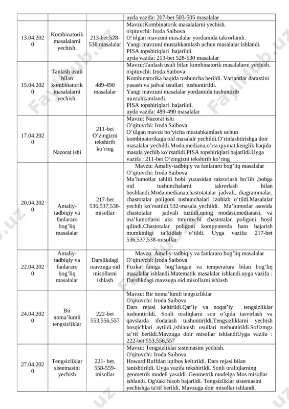 mashqlar 10.04.2020 o’rinlashtirish va guruhlash. 207-bet 503-505 masalalar mavzu:o’rinlashtirish va guruhlash. o'qituvchi: iroda saibova o’tilgan mavzu takrorlab masala yechildi. yangi mavzu tushuntirildi qoidalari asosida o’quvchilarga masalalar ishlab ko’rsatildi. yangi mavzuni mustahkamlash uchun masalalar ishlandi. to’plam haqida ma’lumot berildi. yangi mavzuni masalalar yordamida tushuntirilib qoidalarini aytib o’tildi. qo’shish qoidasi, ko’paytirish qoidasilariga oid misollar ishlandi. faktorial haqida tushuncha berildi.masalalar yordamida o’tilgan mavzu mustahkamlandi. pisa topshiriqlari bajarildi. uyda vazifa: 207-bet 503-505 masalalar 13.04.2020 kombinatorik masalalarni yechish. 213-bet 528-530 masalalar mavzu:kombinatorik masalalarni yechish. o'qituvchi: iroda saibova o’tilgan mavzuni masalalar yordamida takrorlandi. yangi mavzuni mustahkamlash uchun masalalar ishlandi. pisa topshiriqlari bajarildi. uyda vazifa: 213-bet 528-530 masalalar 15.04.2020 tanlash usuli bilan kombinatorik masalalarni yechish. 489-490 masalalar mavzu:tanlash usuli bilan kombinatorik masalalarni yechish. o'qituvchi: iroda saibova kombinatorika haqida tushuncha berildi. variantlar daraxtini yasash va jadval usullari tushuntirildi. yangi mavzuni masalalar yordamida tushuntirib mustahkamlandi. pisa topshiriqlari bajarildi. uyda vazifa: 489-490 masalalar 17.04.2020 nazorat ishi 211-bet o’zingizni tekshirib ko’ring …
