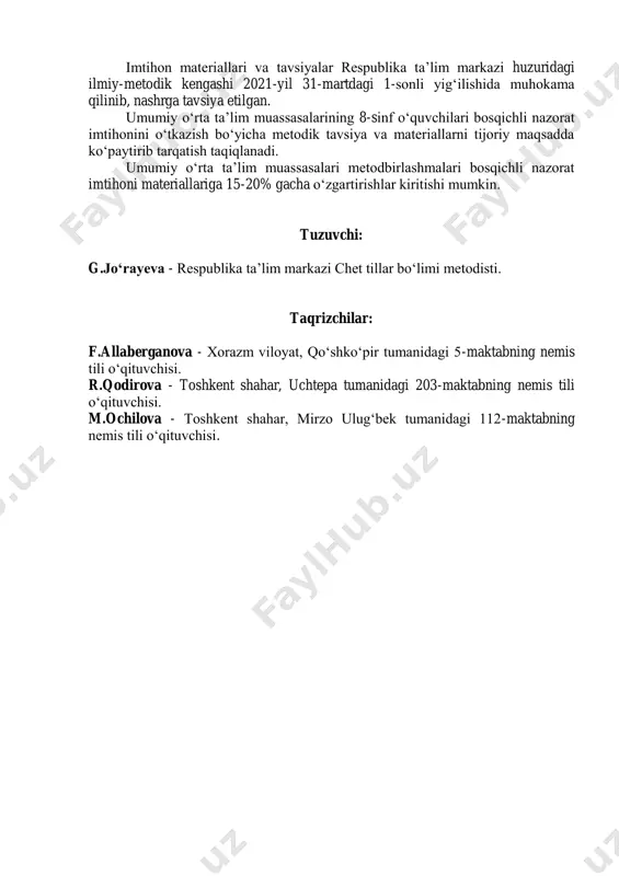 ihatdan to‘g‘ri bayon etilishi, nutqining ravonligi, mavzudan chetlashmaganligi va bildirilgan fikrlarning mantiqan bir-biri bilan bog‘liqligi hisobga olinadi. fikrlar bayon etilayotganda, so‘z birikmalarining noto‘g‘ri ifodalanishi, grammatik va fonetik qoidalarga rioya qilmaslik hollari bir gapning o‘zida ikki va undan ortiq kuzatilsa, o‘sha gap hisobga olinmaydi. o‘quvchi bilet savollariga to‘liq javob bera olmasa, o‘qituvchi o‘quvchiga mavzu yuzasidan uchinchi savolni berishi mumkin. bilet asosida va qo‘shimcha tarzda berilgan har bir savolga javob 5 ballik tizim asosida baholanadi. masalan: 1-savolga 3 ball, 2-savolga 5 ball qo‘yilsa, baholar umumlashtirilib, o‘rtacha ball chiqariladi. 3+5=8:2=4 ball. og‘zaki topshiriq bo‘yicha baholash mezoni t/r baholash mezoni ball 1. berilgan mavzuni to‘liq og‘zaki bayon qila olsa, mavzu yuzasidan fikrini to‘liq ifodalay olsa, to‘g‘ri talaffuz va intonatsiya bilan gapirsa, berilgan mavzuga doir savollarga to‘liq javob bera olsa 5 2. berilgan mavzuni qiyinchilik bilan og‘zaki bayon qila olsa, mavzu yuzasidan fikrini to‘liq emas, lekin to‘g‘ri ifodalay olsa, talaffuz va intonatsiyada ozgina kamchilikka yo‘l …