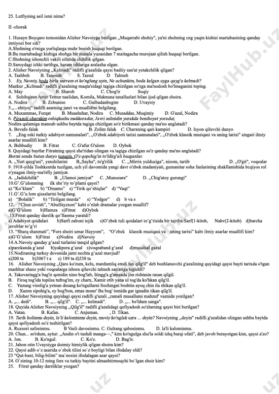 yi turkey c.pandnomayi muluk (podshohlar pandnomasi) d.adab ul­ muluk (podshohlar odobi) 13.,,qutadg'u bilig" dostonida o'zg'urmish nimaning timsoli sanaladi? a. davlat va baxt b. qanoavya ofiyat c. aql va zakovat d. adolat ramzi 14. jilarmenkim, bizing til birla paydo, kitobe aytmasang bu qish qotimdo. ushbu misralar kimning tilidan aytilgan? baytdagi ,,qotimdo" so'zining lug'aviy ma'nosini toping. a. husayn boyqaro, ,,qotimdo" — paytda b. dod sipohsolor, ,,qotimdo" — faslida c. muhammad xo'jabek, ,,qotimdo" — qavatimda d. amir temur, ,,qotimdo" — saroyimda 15. venadagi saroy kutubxonasida saqlanayotgan, 1823­ yilda e'lon qilingan asar nomini ko'rsating. a. xorazmiy, ,,muhabbatnoma" b yusuf xos hojib, ,,qutadg'u bilig" c. sharafiddin ali yazdiy, ,,zafarnoma" d. lutfiy, ,,gul va navro'z" 16. aningkim, ol enginda teng yaratti, bo'yi birla sochini teng yaratti, baytida qanday ramziy ma'no ifodalangan? a. yorning husnda barkamol ekanligi b. ollohning kecha va kunduzni teng yaratganligi c. navro'z kuniga ishora d. yor sochining uzunligi 17. „... o'z zamonasining malikul …