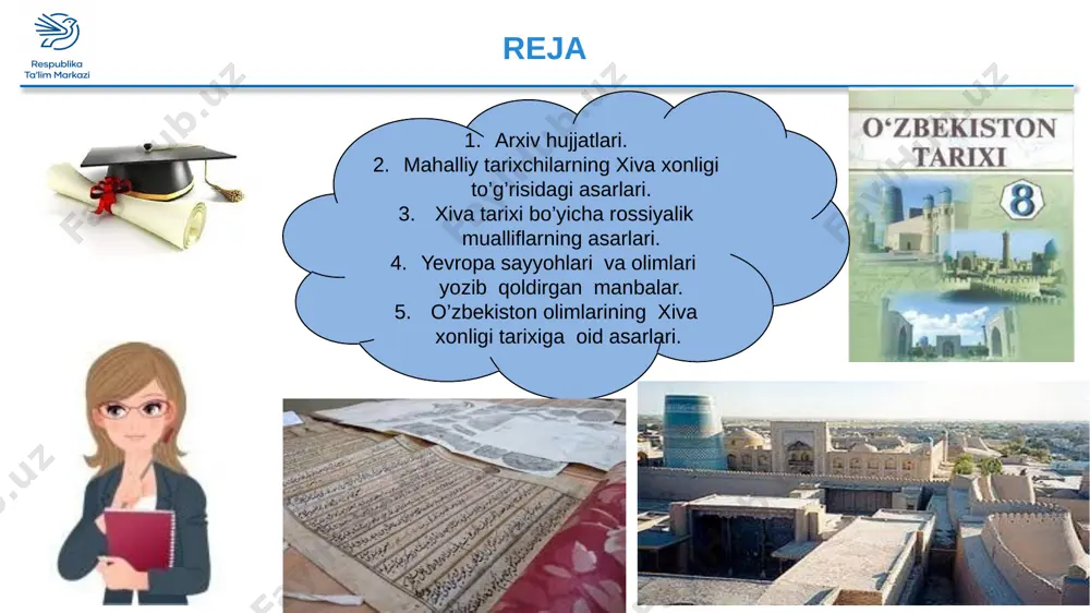 arni “aql -idrokli, suhbati yoqimli va o’tkir, qat’iyatli, matonatli, urf-odati oddiy, yolg’on va aldovdan nafratlanuvchi, harbiy ishda hormay-tolmaydigan mard va jasur kishilar” deb ta’riflagan 1842-yilda xivaga g. danilevskiy keldi. u xiva va rossiya o’rtasida “majburiyatlar akti” shartnomasining imzolanishiga erishgan elchi edi.danilevskiy o’zi bilan xivaga tabiatshunos olim r. baziner olib kelgan. ular birgalikda “xiva va xonlikning boshqa shaharlari hamda qishloqlari, savdo sotig’i va sanoati” nomli asar yozgan. 1858-yilda n.ignatyev xiva va buxoroga elchi qilib yuborildi.u yozib qoldirgan esdaliklar ham xiva tarixi bo’yicha muhim manba hisoblanadi. n.vasilevskiyning “o’zbeklar xorazmda”, “inoqlar hukmdorligi” va “qo’ng’irot sulolasi” asarlari xiva xonligining xvi asr va undan keying asrlar tarixiga bag’ishlangan. s. jukovskiyning “rossiyaning keying 300 yilda buxoro va xiva bilan aloqalasi” nomli asari xiva bilan rossiyaning xviii-xix asrlardagi o’zaro aloqalari yoritilgan. yevropa sayyohlari va olimlari yozib qoldirgan manbalar. o’zbekiston olimlarining xiva xonligi tarixiga oid asarlari. angliyalik a. jenkinson “jenkinsonning rossiyadagi moskov shahridan baqtriyadagi buxoro shahriga sayohati” nomli …