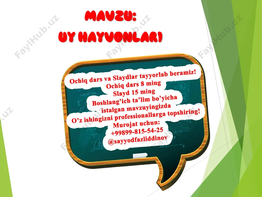 o’zgalar fikrini tinglash oltin qoidalar aqlni charxlash uchun topishmoqlar bu yoqqa o’tdi lop-lop u yoqqa o’tdi lop-lop “sho’ra” dedi qo’ymaydi, yuteverdi soplab chorva ichida shayton soqoli bor sulton yerda yuradi osmonni ko’rmaydi o’tgan mavzuni mustahkamlash xazonchinak metodi 1.she’r qaysi fasl haqida? 2.birinchi to‘rtlik nima haqida? 3.ikkinchi to'rtlik hayvonlar haqidami? 6.siz bu faslda yana qanday o£zgarishlarni kuzatgansiz? 5.she’rga qanday sarlavha qo£yish mumkin? 4.uchinchi to'rtlik qaysi hasharot haqida? yangi mavzu 1. rasmda qaysi uy hayvonlari tasvirlangan? 2. nega ularni uy hayvonlari deymiz? 3. yana qanday uy hayvonlarini bilasiz? 4. nima deb o‘ylaysiz, bu hayvonlar qayerda yashaydi? 5. bu hayvonlar nima bilan oziqlanadi? 6. ayting-chi, bu hayvonlar nima uchun boqiladi uy hayvonlarining bolasini nomini yozing tez aytishlarni ko’chiring va talaffuz qiling dam olish daqiqasi gorilla haybatimdan hurkadi ot, o‘rmon ketar zirillab. atrofimda shimpanzelar xizmat qilar pirillab. maymunchalar sho‘xlik qilsa, pand-nasihat qilaman. bezorilik qilganlarning jazosini beraman. u daraxtdan bu daraxtga qushdek uchib yuraman. yiqilmasin …