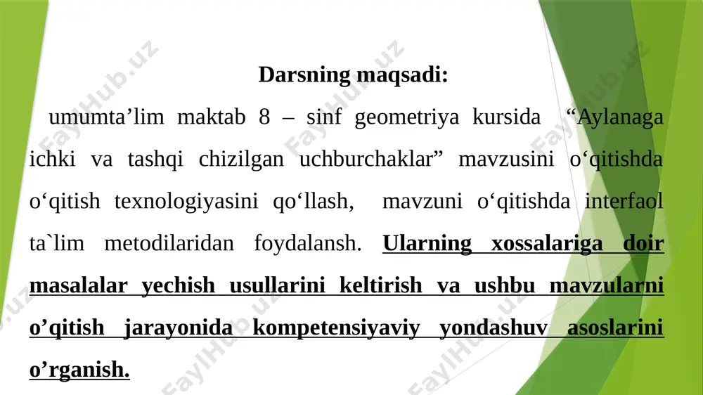 yta ishlash, uzatish, saqlash, xavfsizligini ta’minlash va foydalanishda media-madaniyatga rioya qilish; ma’lumotlar bazasini yarata olish, asosiylarini tanlay olish va ularni tahlil qila bilish; kundalik faoliyatda uchraydigan hujjatlar bilan ishlay olish (oddiy tabriknomalar yoza olish, anketalarni to‘ldirish, mehmonxona ro‘yxatida o‘zi to‘g‘risidagi ma’lumotlarni qayd eta olishi va boshq.) tayanch kompetentsiyalar: 3.shaxs sifatida o‘z-o‘zini rivojlantirish kompetentsiyasi shaxs sifatida doimiy ravishda o‘z-o‘zini rivojlantirish, jismoniy, ma’naviy, ruhiy va intellektual kamolotga intilish; hayot davomida o‘qib-o‘rganish, bilim, tajribani mustaqil ravishda muntazam oshirib borish; o‘z hatti-harakatini adekvat baholash, o‘zini nazorat qila bilish, halollik, to‘g‘rilik kabi sifatlarga ega bo‘lish; o‘qib-o‘rganganlari va hayot tajribasidan foydalangan holda kundalik turmushda uchraydigan muammolarni hal eta olish. tayanch kompetentsiyalar: 4. ijtimoiy faol fuqarolik kompetentsiyasi jamiyatda bo‘layotgan voqea, hodisa va jarayonlarga daxldorlikni his etish va faol ishtirok etish; o‘zining fuqarolik burch va huquqlarini bilishi, unga rioya qilish (ya’ni xaridor, saylovchi, mijoz, ishlab chiqaruvchi sifatida faoliyat yurita olish); mehnat va fuqarolik munosabatlarida muomala, iqtisodiy, huquqiy madaniyatga …
