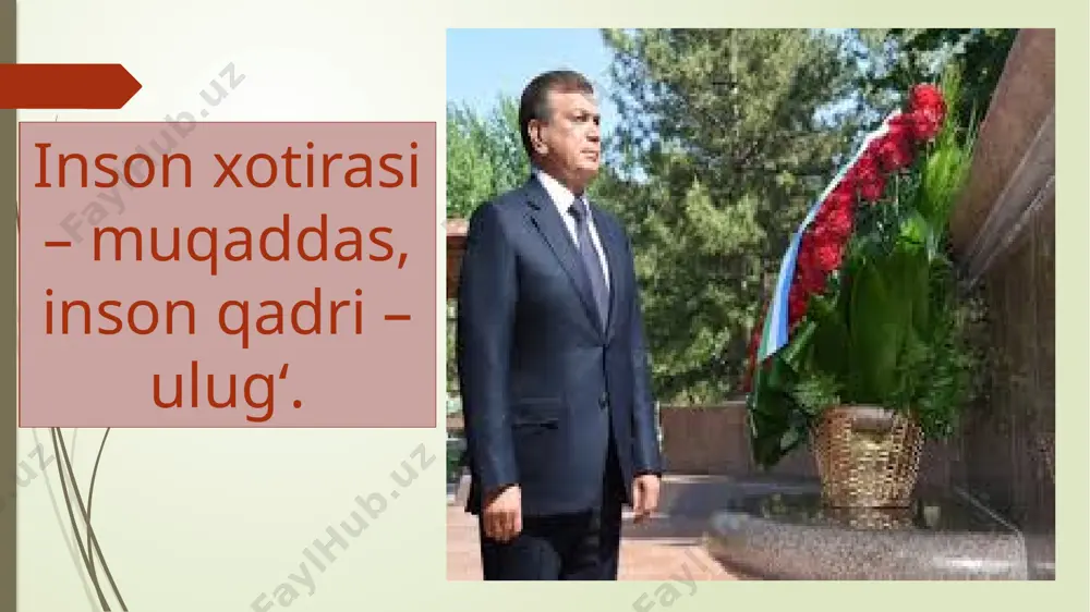 miz. ayni vaqtda jang maydonlarida mardlik va jasorat ko‘rsatgan, front ortida fidokorona mehnat qilib, bugun oramizda sog‘-salomat bo‘lib yurgan muhtaram faxriylarimizga ta’zim qilamiz. hozirgi tinch-osoyishta hayotimiz, musaffo osmonimiz uchun ularga cheksiz minnatdorlik bildiramiz. xotira va qadrlash kunida o‘tganlar xotirasi va ularning jasoratlari, ezgu ishlari hurmat bilan yodga olinadi. biz bilan hamnafas yashayotgan piri badavlat faxriylarimizga, jismoniy imkoniyati cheklangan yurtdoshlarimizga, boquvchisini yo‘qotgan oilalarga, umuman mehrga muhtoj kishilar moddiy va ma’naviy jihatdan qo‘llab-quvvatlanadi. inson aziz xotirasi undan ham aziz. e’tiboringiz uchun rahmat image1.jpg image2.jpg image3.jpg image4.jpg image5.png image6.jpeg image7.png image8.png image9.png image10.png image11.png