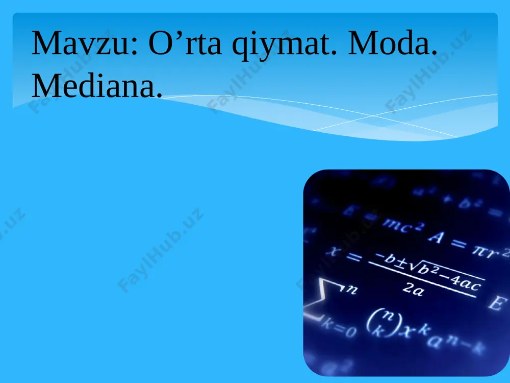 teng ikkiga bo’ladi. bunda ham variatsion qatorda berilgan ketma-ket sonlarning o’rtada joylahgan hadi olinadi (sonlarni ketma-ketlikda yozilishi shart). masalan: 12;14;17;21;23;29;32;37 qator berilgan bo’lsa, u holda = ga teng. chunki berlgan variatsion qatordagi hadlar soni juft. masala. berilgan sonli ketma-ketliklardagi medianalarni toping: a) 3;7;5;9;11;17;4;22;16 b) 1;3;4;5;7;8;12;16 yechish. a) avval berilgan variatsion qatorni ketma-ket ravishda yozib olamiz: 3;4;5;7;9;11;16;17;22 bu ketma-ketlidagi hadlar soni toq shuning uchun =9. b) 1;3;4;5;7;8;12;16 bu variatsion qatordagi hadlar soni juft bo’lganligi sababli o’rtadagi 2 ta sonning o’rta arifmetigini olamiz, ya’ni . e’tiboringiz uchun rahmat. image2.jpg image3.png image4.png image5.png image6.png image7.png image8.png