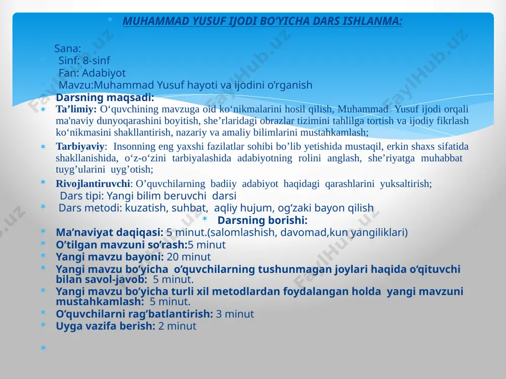 lamga oladi. ularda hatotga, haqiqatga hamnafaslik sezilib turadi. 1971-yili o’rta maktabni tugatib, respublika rus tili va adabiyoti institutida tahsil oladi shoirning adabiyotimiz va xalqimizga qilgan fidoyi xizmatlari uchun “do’stlik” ordeni, “o’zbekiston xalq shoiri” unvoni bilan taqdirlandi. 1954-yil 26-aprel… muhammad yusuf tavallud topgan kun. 1978-yilda… 1978-1980-yillarda… “kitobsevarlar “ jamiyatida ishlaydi. 1980-1992-yillarda… “g’afur g’ulom nomidagi adabiyot va san’at” gazetasida ishlaydi. 1992-1995-yillarda… “o’zbekiston ovozi ” gazetasida ishlaydi. 1997-yilda… “o’zbekiston yozuvchilar uyushmasi”ning raisi bo’lib ishlaydi. 1998-yilda… “o’zbekiston xalq shoiri” unvoni bilan taqdirlanadi. 2001-yil 31-iyulda… muhammad yusuf vafot etgan. muhammad yusuf haoyti bo’yicha xronologik jadval. she’riy majmualar “uyqudagi qiz” (1989) “bulbulga bir gapim bor” (1987) “iltijo” (1988) “halima enam allalari” (1989) “ko’nglimda bir yor” (1990) “bevafo ko’p ekan” (1991) “erka kiyik” (1992) “ishq kemasi” (1990) “yolg’onchi yor” (1992) “osmonimga olib ketaman ” dostonlari “osmonning oxiri” “qora quyosh” vatan haqidagi she’rlari “vatanim” “dunyo” “o’zbekmomo” “xalq bo’l, elim” “o’zingdan qo’ymasin, xalqim” “hayrat” sevgi-muhabbat haqidagi she’rlari “mehr qolur” …
