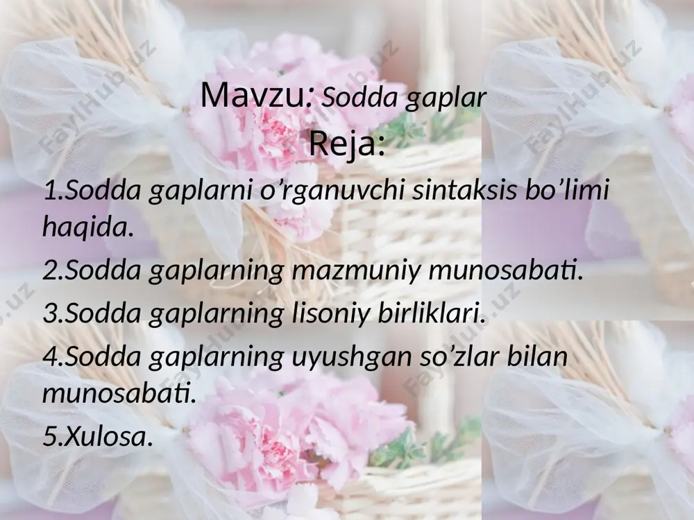 soblangan gap bo’laklari so’z tartibi semantik strukturasi ohang sodda gaplar tuzilish asosining miqdoriga ko’ra ikki xil bo’ladi: ikki tarkibli bir tarkibli uyushiq so’z shakllari bir butun holda, yaxlit a’zo sifatida gap struktor qolipiga bevosita( uyushiq ega, kesim, hol) yoki bilvosita ( to’ldiruvchi, aniqlovchi va boshqa so’z kengaytiruvchilari)daxldor bo’ladi.tenglashish qatoridagi so’z shaklari sintaktik jihatdan bir xil mavqega ega bo’lmasligi ham mumkin.ya’ni ular bir hokim uzvga tobelashsa va o’zaro teng aloqaga kirishsa-da, sintaktik vazifa jihatdan farqlanadi. masalan, har joyda va har kimga sen haqingda gapirdim. o’zbek tilida sodda gaplar ikki xil bo’ladi: 1) sodda yig’iq gap; 2)sodda yoyiq gap; yig’iq sodda gap bosh bo’laklardangina, ya’ni birgina predikativ sintagmadangina iborat bo’lishi mumkin. masalan, ish boshlandi. ular kelishyapti. yoyiq sodda gap bosh va ikkinchi darajali bo’laklardan tashkil topadi, ya’ni uning tarkibida predikativ sintagma bilan birga boshqa sintagmalar ham bo’ladi. masalan, nizomjon opasining gaplarini chin yurakdan eshitib o’tirardi. gap o’zaro teng bog’lanishga ega so’zlar bilan …
