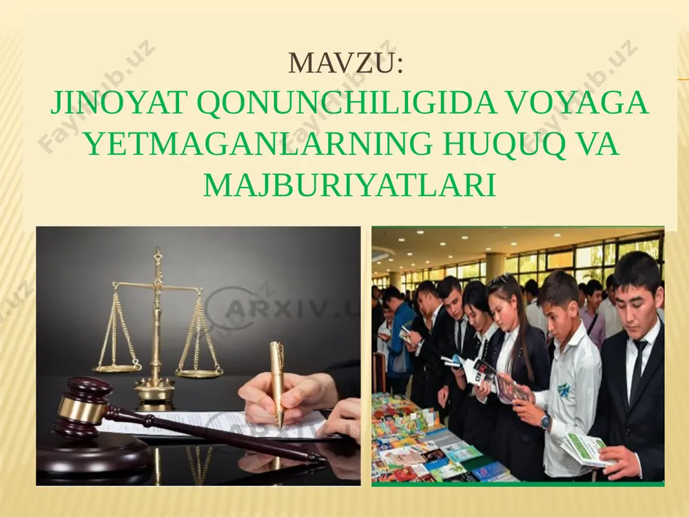 haqidagi ishlar bo‘yicha quyidagilar ham aniqlanishi lozim: 1) ayblanuvchining aniq yoshi (tug‘ilgan yili, oyi, kuni); 2) uning shaxsiga xos xususiyatlar va salomatligi holati; 3) uning turmush va tarbiyalanish sharoitlari; 4) katta yoshli dalolatchilar va boshqa ishtirokchilarning bor yoki yo‘qligi. voyaga yetmagan shaxsga ayblov e’lon qilish vaqtida himoyachi bilan bir qatorda voyaga yetmagan shaxsning qonuniy vakili ham ishtirok etishi mumkin. voyaga yetmagan ayblanuvchiga nisbatan ehtiyot choralari qo‘llanilgani to‘g‘risida uning qonuniy vakiliga, agar bunday vakil bo‘lmasa, boshqa qarindoshlariga xabar qilinadi. voyaga yetmagan shaxs ota-onasining, homiylar, vasiylarning qaroviga yoki, basharti u bolalar muassasasida tarbiyalanayotgan bo‘lsa, shu muassasa rahbarlarining qaroviga ham berilishi mumkin. jinoyat sodir etgunga qadar 13 yoshga to‘lgan shaxslarning javobgarliklari jinoyat sodir etgunga qadar 14 yoshga to‘lgan shaxslarning javobgarliklari jinoyat sodir etgunga qadar 18 yoshga to‘lgan shaxslarning javobgarliklari o‘zbekiston pespublikasining jinoyat kodeksining 17-moddasidan foydalanib quyidagi jadvalni to‘ldiring. 17 image3.jpeg image4.png image5.png image6.png image7.png image8.png image9.png image10.png image11.png image12.png image13.png image14.png image15.jpeg image16.png …