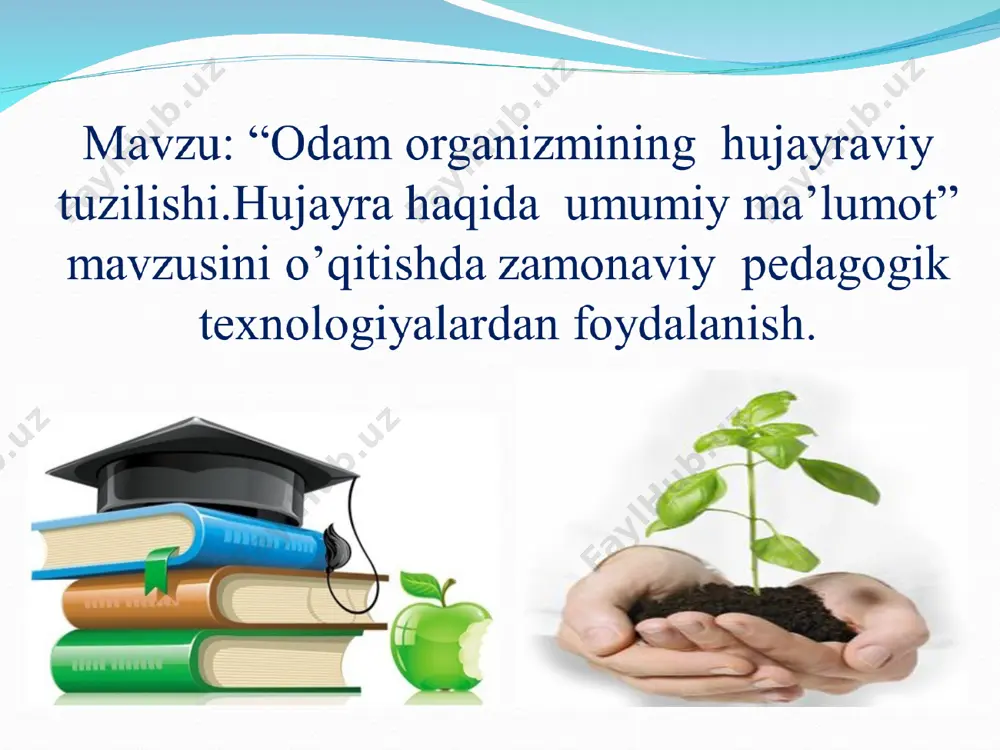 ga oid adabiyotlar va tavsiyanomalar bilan ta’minlash. didaktik o’yin texnologiyalari modulli ta’lim texnologiyalari muammoli ta’lim texnologiyalari axborot ta’lim texnologiyalari hamkorlikda o’qitish texnologiyalari biologiya darslarida zamonaviy pedagogik texnologiyalardan foydalanish “odam organizmining tuzilishi. hujayra haqida umumiy ma’lumot.” mavzusini o’qitishda foydalanilgan zamonaviy pedagogik texnologiyalar: venn diagrammasi hujayra r.guk hujayra qobig’i organik moddalar sitoplazma yadro qobig’i yadro anorganik moddalar gen va xromosomalar muhit sharoitiga ko‘ra turlicha bo‘ladi. hujayraning kimyoviy tarkibi muhit sharoitiga ko‘ra turlicha bo‘ladi. hujayraning kimyoviy tarkibi “avtobusga chiq” o’yini bu o’yin dars mavzusini mustahkamlashda va o’tgan mavzuni takrorlashda qo’llaniladi. sinf o’quvchilari mavzuga oid ma’lumotlar aytadilar va avtobusga chiqqan hisoblanadilar. barcha o’quvchi ushbu o’yinda qatnashadi va diqqati jamlanadi. ma’lumot ayta olmagan yoki oldingi o’quvchi aytgan ma’lumotni takrorlasa, avtobusga chiqarilmay, bekatda qoldiraladi. o’yin so’ngida bekatda qolgan o’quvchi fanga oid she’r yoki hikmatli so’z aytadi. shu orqali ularni adabiyotga va kitobxonlikka undaydi. o’yinning afzallik tomoni barcha o’quvchini qamrab olishidir. “sehrli quticha” o’yini bu o’yinda quticha …