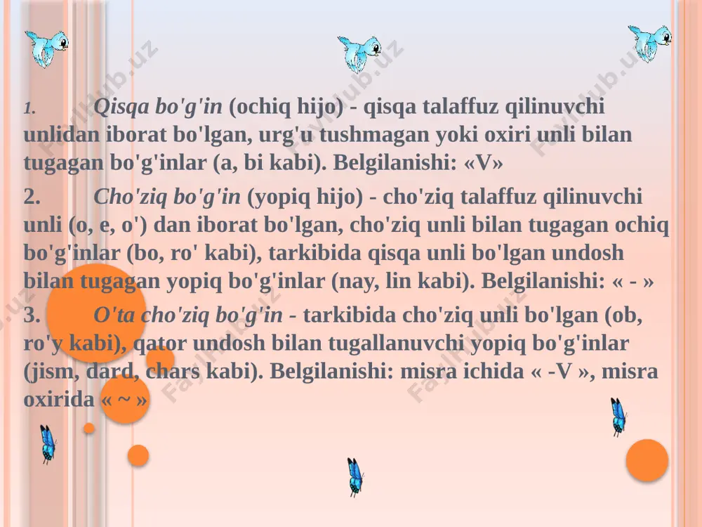 u - - - v - ayni paytda, ruknlarning har bir hijolarning qisqarishiga qarab turli shakl oladi. u shakllar zihoflar deyiladi. she'riy misrani hijolarga qarab, uning qaysi vaznga aloqadorligini aniqiashda har bir vaznga xos ruknlarni ko'rsatuvchi asosiy qolip - chizmalar paradigma (taqti') deyiladi. aruzdagi ruknlarda bo‘lgan so'zlarni bo'g'inlarga ajratish har doim ham til qoidasiga muvofiq kelavermaydi. ba'zan ayrim tovushlar vaznga sig'may tushib qolishi, o'zidan keyingi so'z tovushiariga singib ketishi va birgalikda talaffuz etilishi mumkin. shuningdek, ayrim vaqtlarda ruknda unli tovushsiz ham hijo bo'la oladi. navoiyning quyidagi baytida ham shu kabi hijo mavjud: ruknlar rukn 2-rukn 3-rukn 4-rukn 1-misra meh-r ko’p ko’r- guz-di-mam-mo meh-ri-bo-ne top-ma-dim, taqti’lar v - - v - - -v - - - v - misra jon ba-se qil- dim fi-do o - ro-mi-jo - ne top-ma-dim taq’ti’lar -v - - - v - - - v - - - v - aruz she'riy ozimida qator atamalar mavjud …