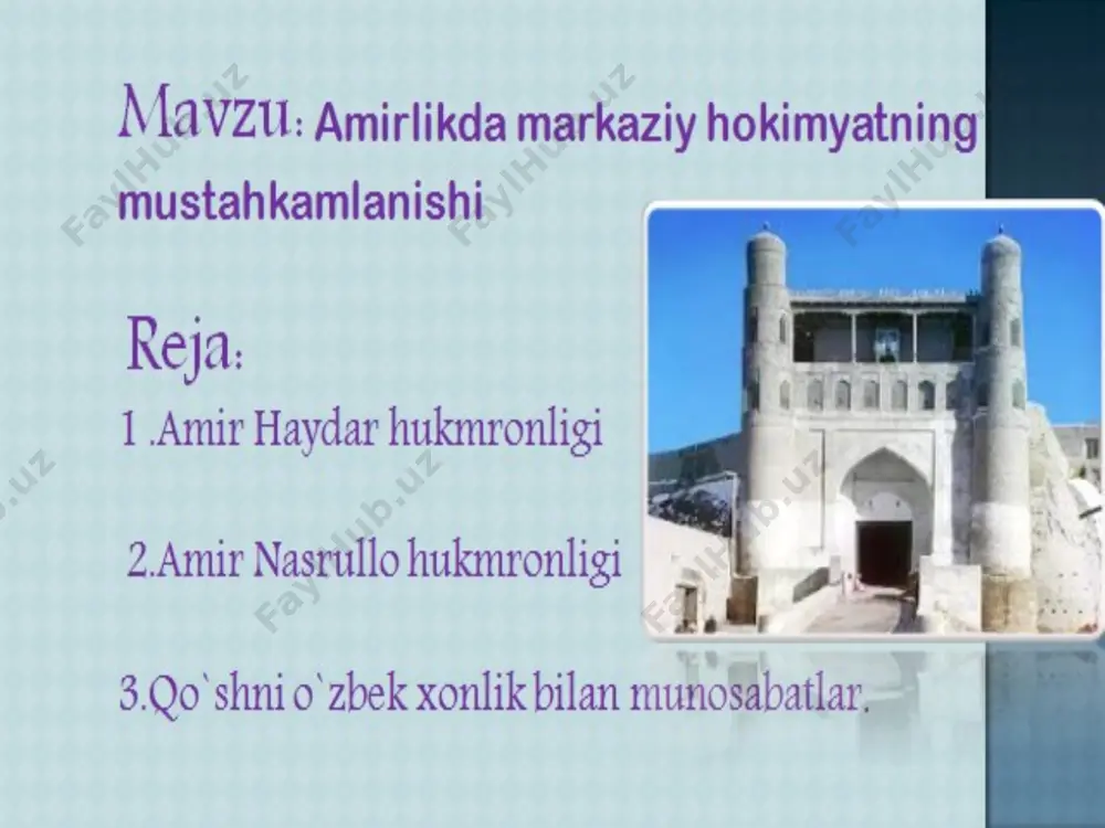 nasrullo amir— mang`itlar sulolasidan chiqqan hukmdor • 1804-yil marvda dinnosirbek qo`zg`aloni. • 1821-yil miyonqolda qo`zgalon. • 1856-yil amir nasrullo shaxrisabz va kitobni bo`ysundirdi. .1842-yil nasrullo qo`qonni egalladi. yodda tuting atamalar e`tiboringiz uchun rahmat! image1.png image2.png image3.png image4.jpeg image5.jpeg image6.jpeg image7.jpeg image8.jpeg image9.jpeg image10.jpeg image11.jpeg image12.jpeg image13.jpeg image14.jpeg